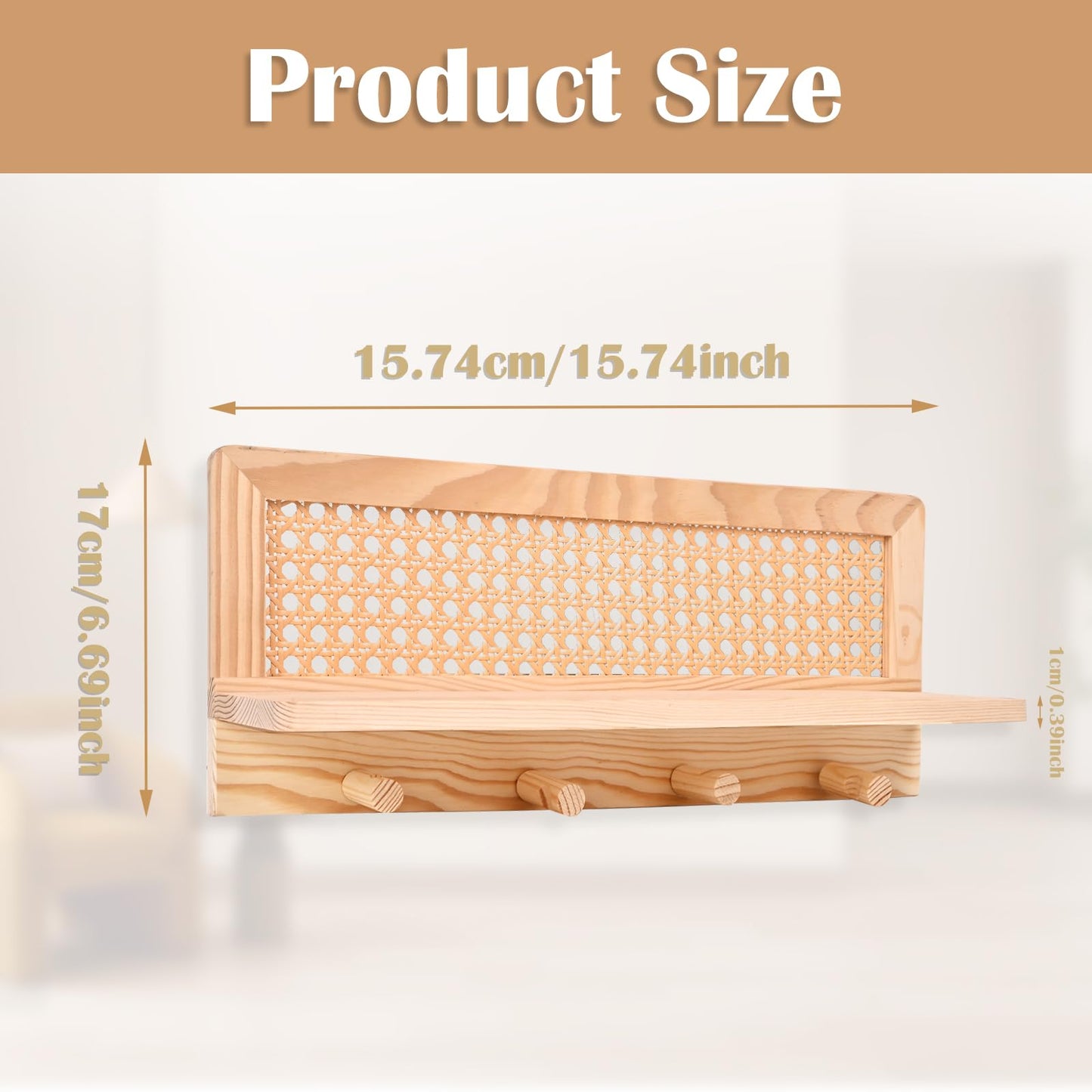 ZELURA Rattan Wall Shelf with Hooks, Boho Entryway Organizer, Floating Storage