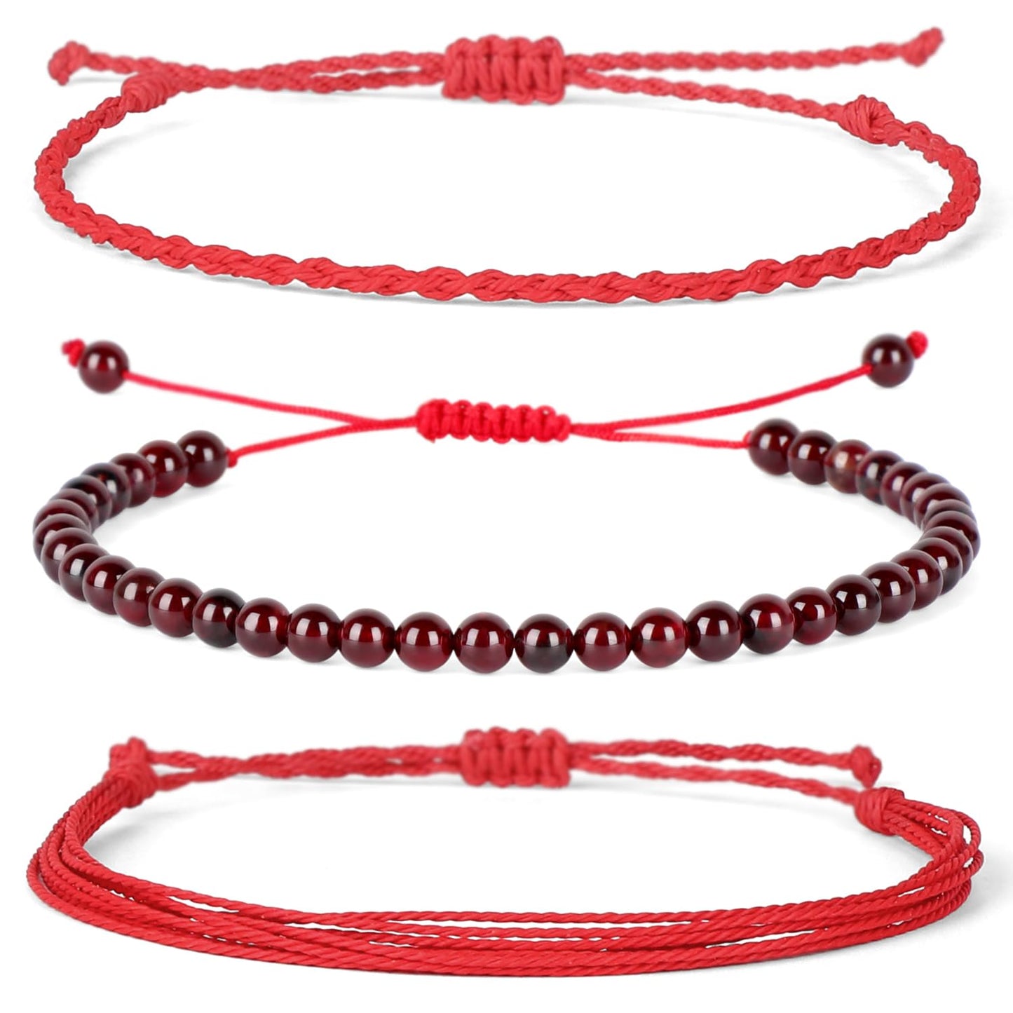 QOGIR Handmade Healing Bracelets,4mm Natural Red Garnet Gem Stone Beads Bracelet for Men Women Gifts with 2PCS Size Adjustable Rope Bracelets