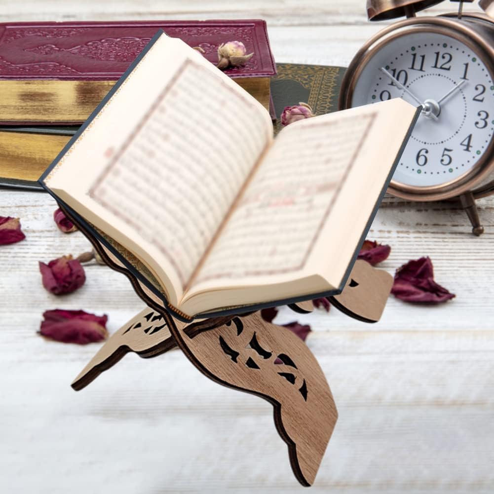 Ykybhx Quran Book Stand Quran Holder Stand Wooden Foldable Book Holder Bible Display Stand with Intricate Carvings for Bible Quran Eid Mubarak Ornament for Church and Chapel Prayer Book Stand A