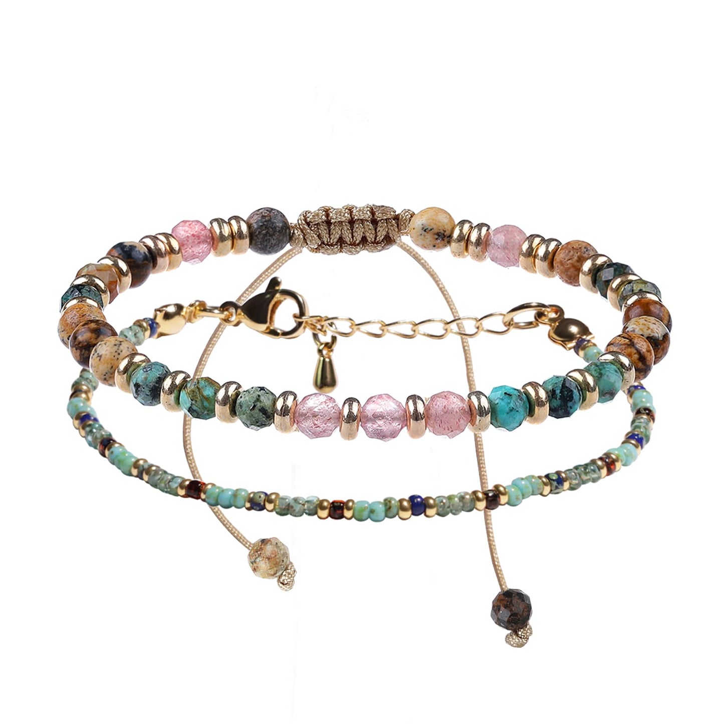Togous 2 Pcs Beaded Bracelets for Women, Colorful Gemstone Natural Stone Boho Rainbow Bracelet - Adjustable Unique Energy Birthday Inspirational Jewelry Gifts Friends Mom Sisters Friendship