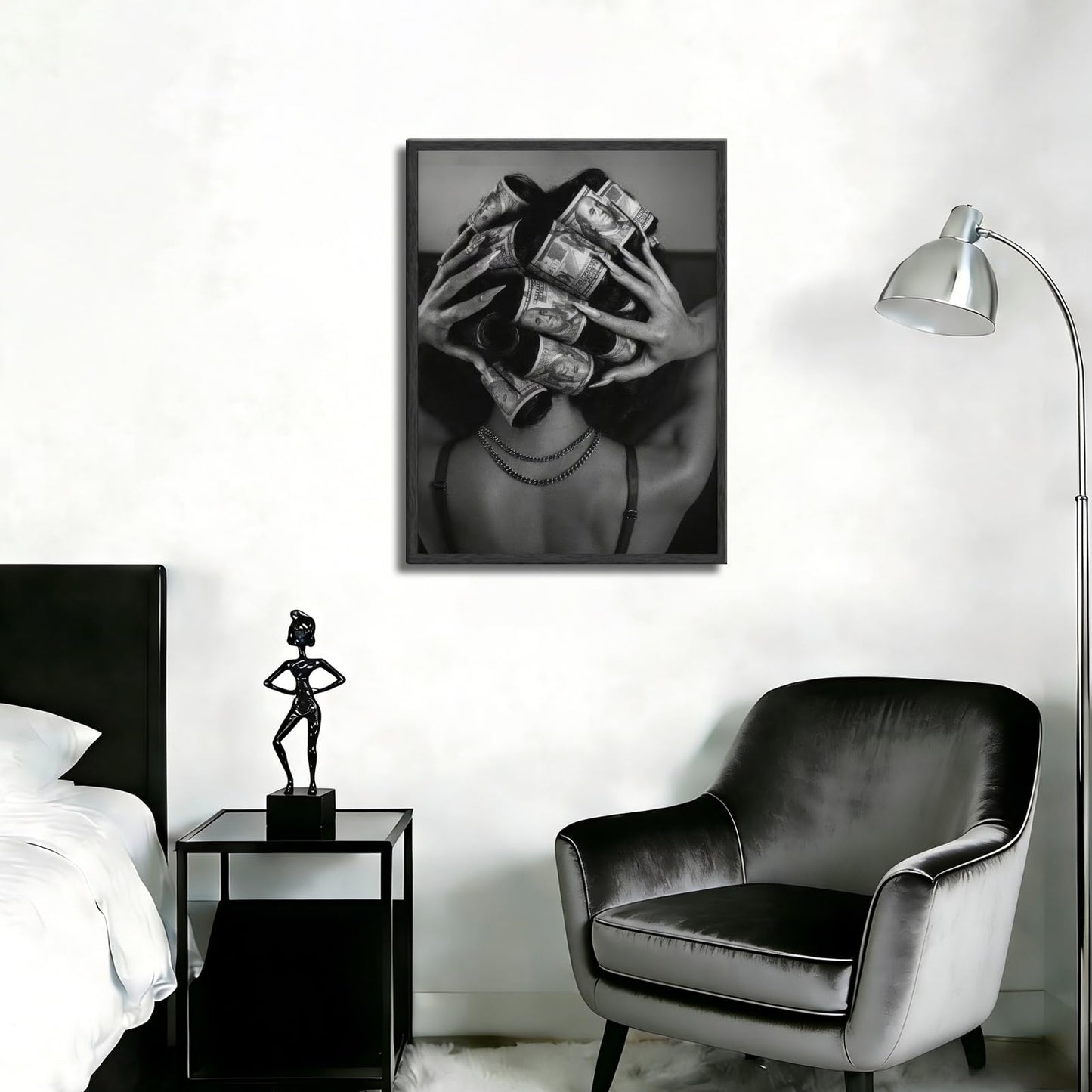 Framed Black and White Fashion Canvas Wall Art Luxury Feminist Picture Wall Decor Trendy Woman with Money on Head Poster Print for Girls Bedroom Apartment Dorm Bar Cart Home Decoration 12x16in