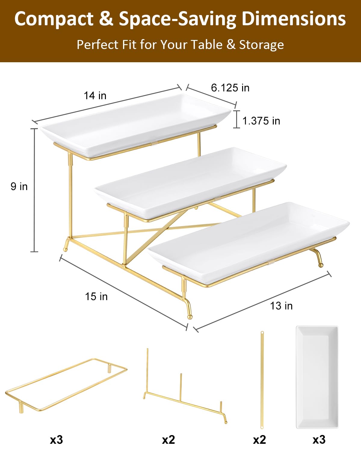 Yedio 3 Tier Serving Tray Set 14 Inch Porcelain Tiered Serving Platters, Collapsible Sturdier Stand with Stable Cross Bars, Three Layer Serving for Party Entertaining Food Display Fruit Dessert