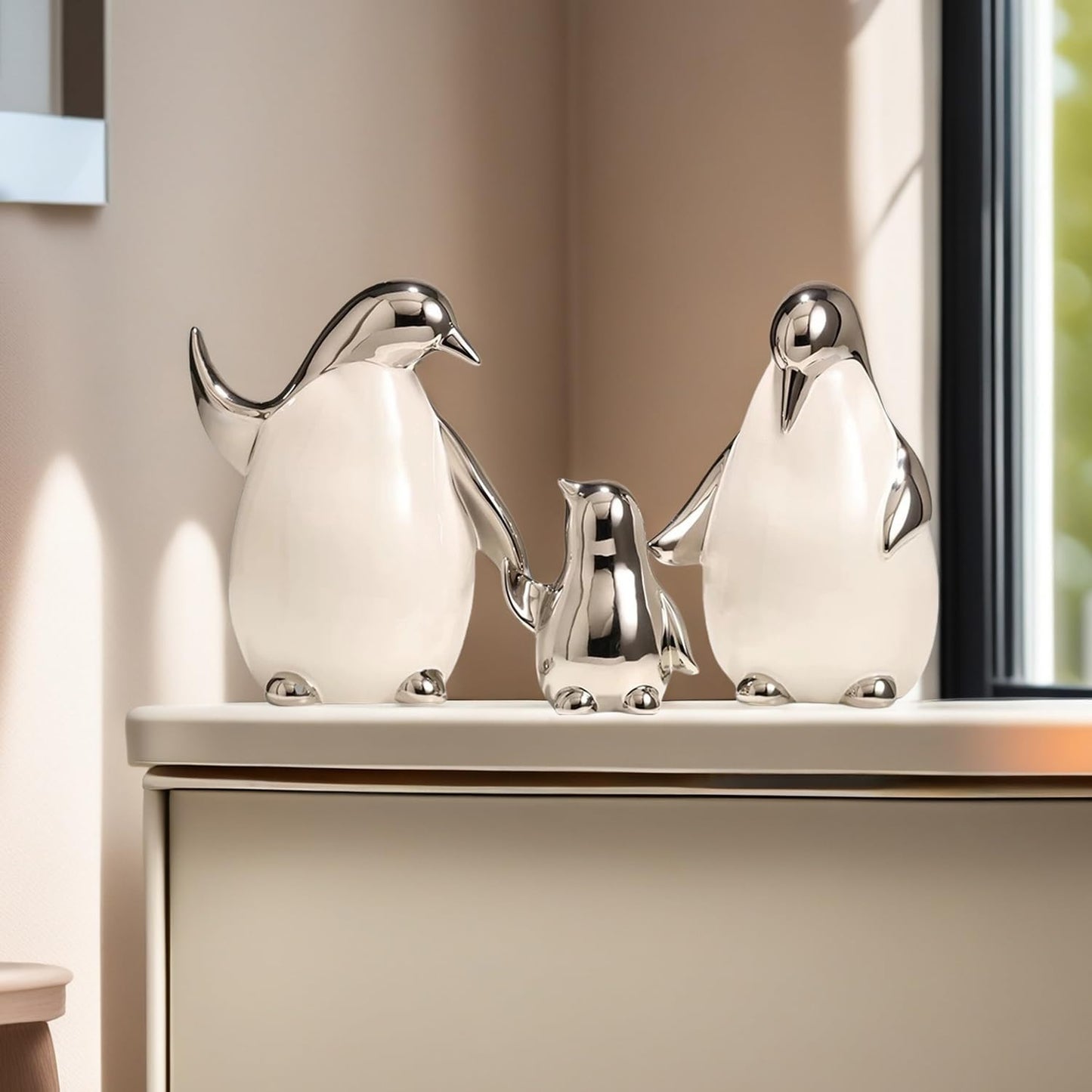 Tuioyoc Set of 3 Ceramic Statues Aesthetic Abstract Penguins Sculpture Cute Modern Home Decor Decorative Statue for Living Room, Bedroom, Office, Table Centerpiece (White Silver)