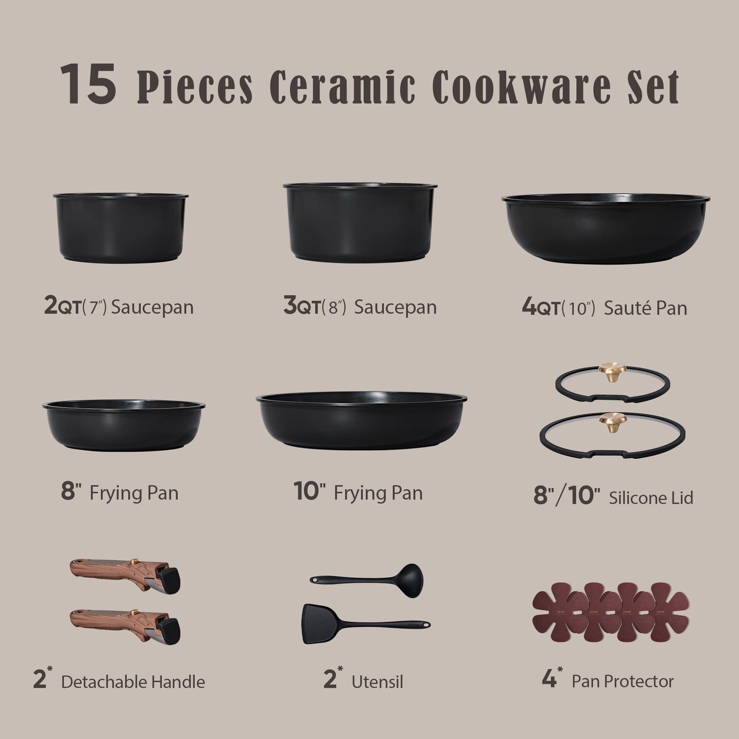 CAROTE 15Pcs Ceramic Cookware Set, Pots and Pans Set Non stick, Kitchen Cooking Set with Detachable Handle, Non Toxic Induction Cookware, Dishwasher/Oven Safe, PFAS Free, Black&Gold