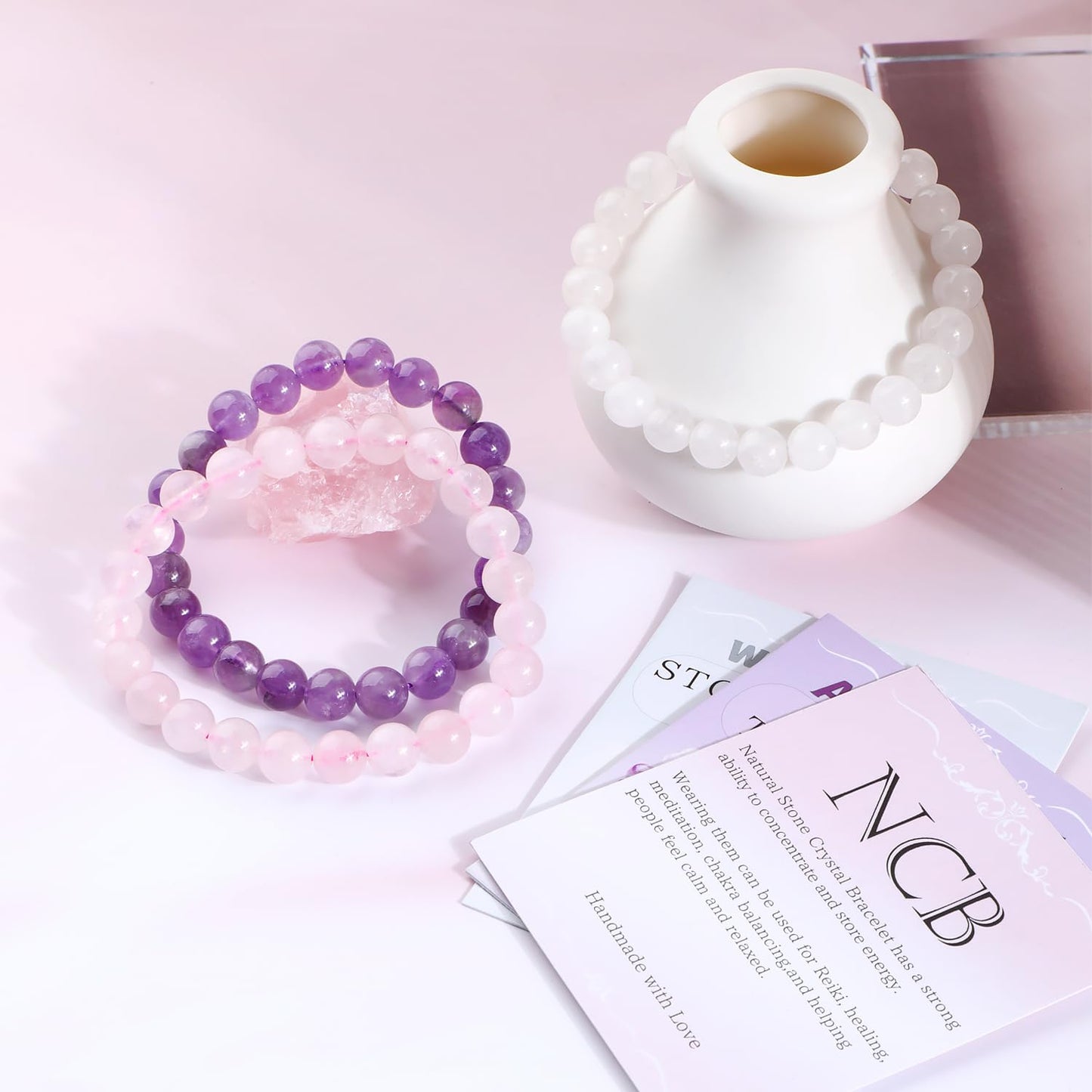 NCB 3-Piece 8mm Natural Crystal Gemstone Stretch Bracelets – ﻿Amethyst, Pink Quartz, White Jade Handmade Reiki Energy Healing Jewelry for Meditation,Yoga, Unisex