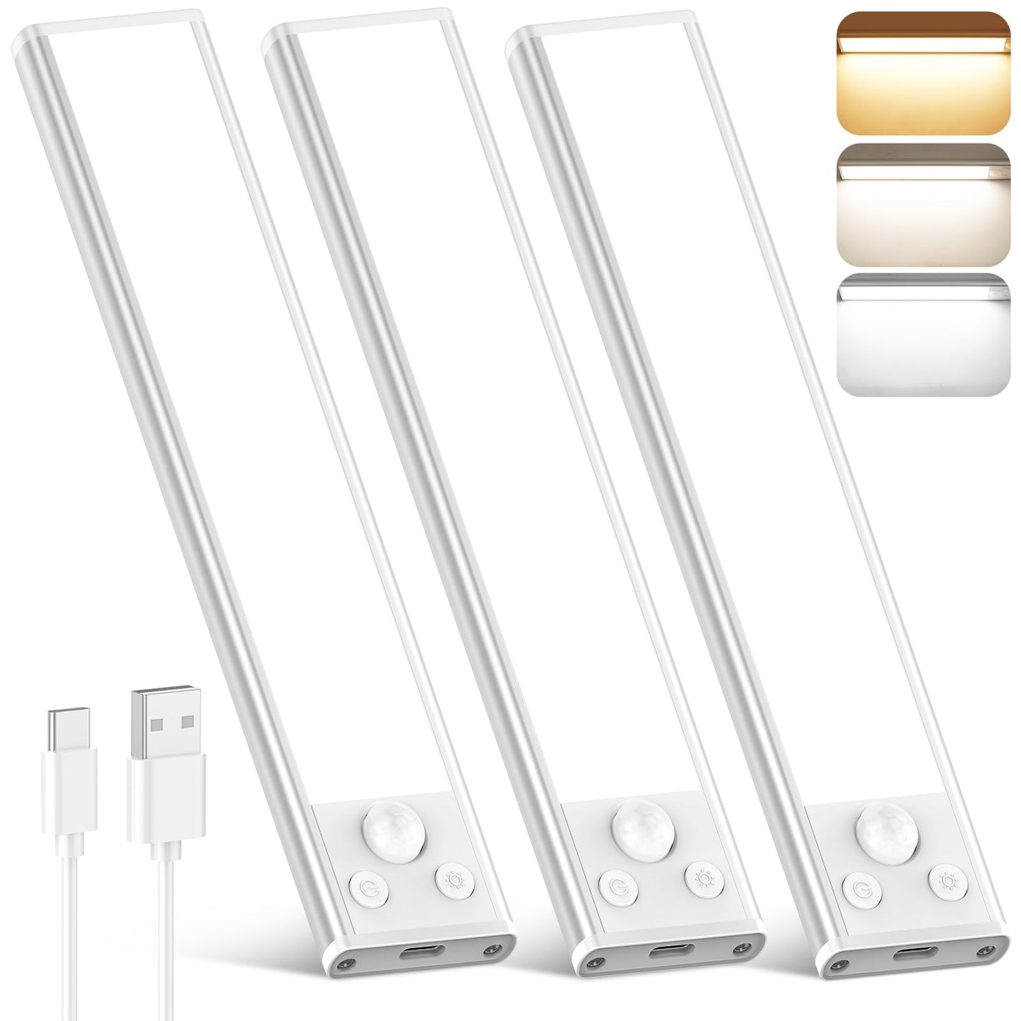 3-Pack Under Cabinet Lighting, 68LED 1800mAh Motion Sensor Lights Indoor, 3 Color Wireless Dimmable Rechargeable Battery Operated Closet Lights, Magnetic Under Counter Light Fixture for Kitchen Stair