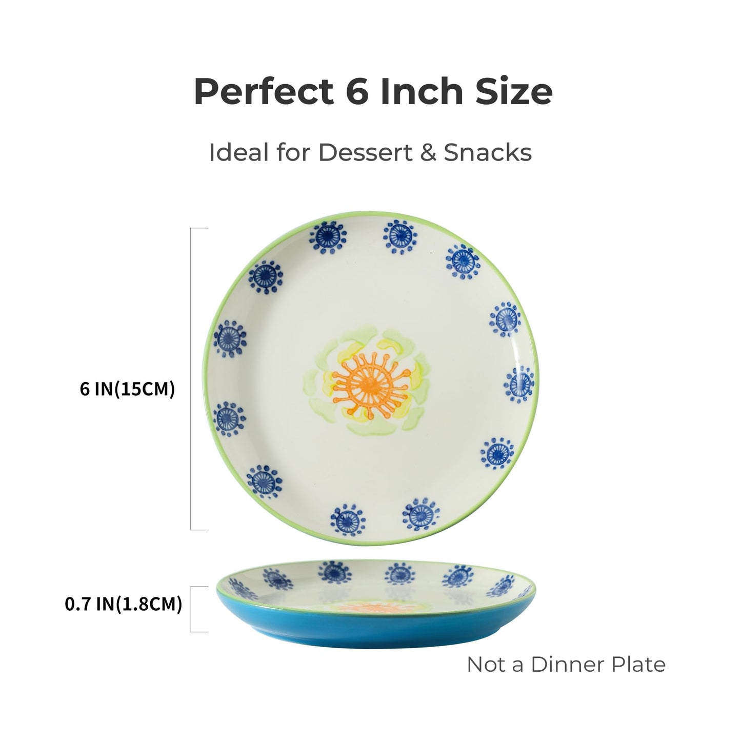 UniqueLife Hand-Painted 6 Inch Dessert Plates Set of 6, Ceramic Appetizer Snack Salad Plates, Microwave Dishwasher Oven Safe Small Plates for Cake Bread Fruit, Gift-Ready - Ocean Blue