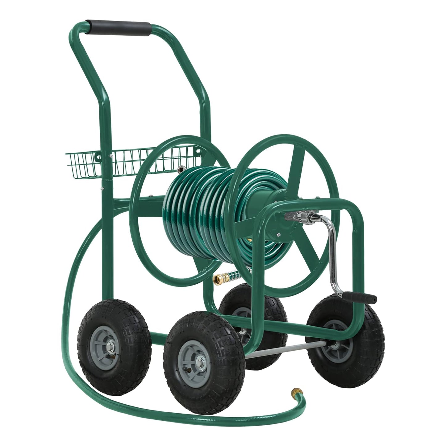 FDW Garden Hose Reel Cart, Water Hose Cart with 4 Wheels, Hold Up to 300 ft of 5/8’’ Hose，Heavy Duty Powder-Coated Steel Planting with Storage Basket, for Garden, Yard and Lawn