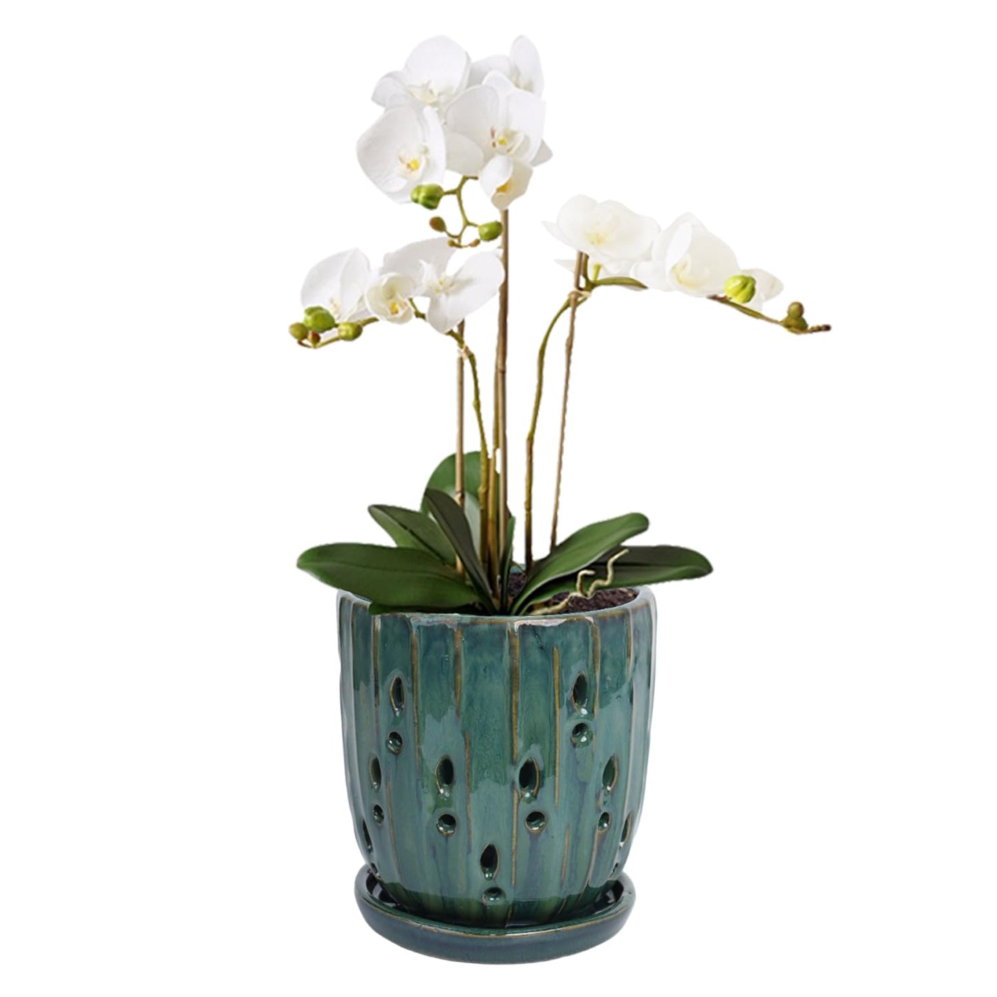 vensovo 6 Inch Ceramic Orchid Pot - Orchid Pot with Holes for Repotting, Ceramic Planter with Saucer for Indoor/Outdoor Plants, Green