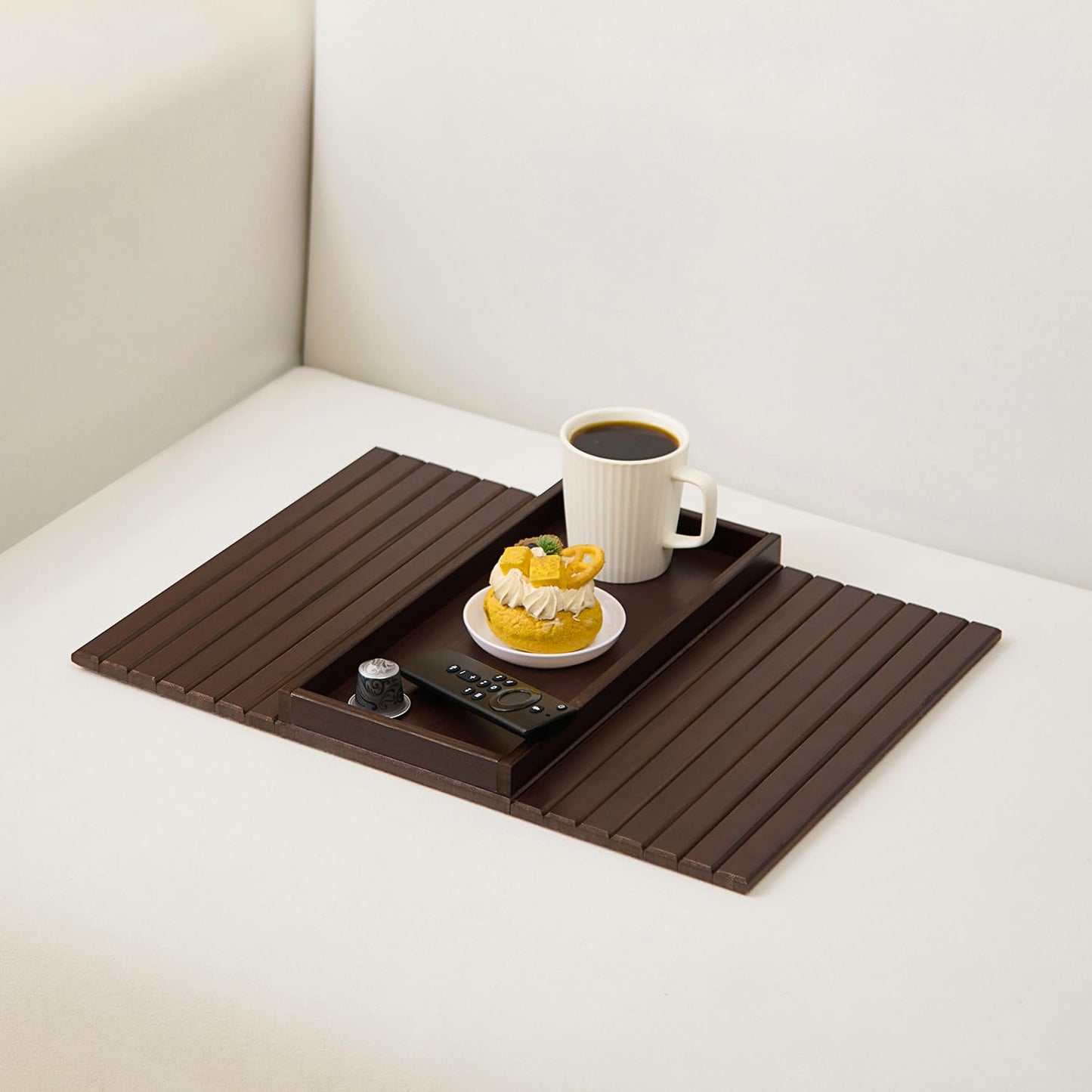 Bamboo Couch Arm Tray Table，Foldable Sofa Armrest Tray Table for Couch，Flexible and Anti-Slip Couch Arm Cup Holder，Portable Sofa Arm Chair Table for Drink,Cups, Eats，Snacks, Phone, Remote