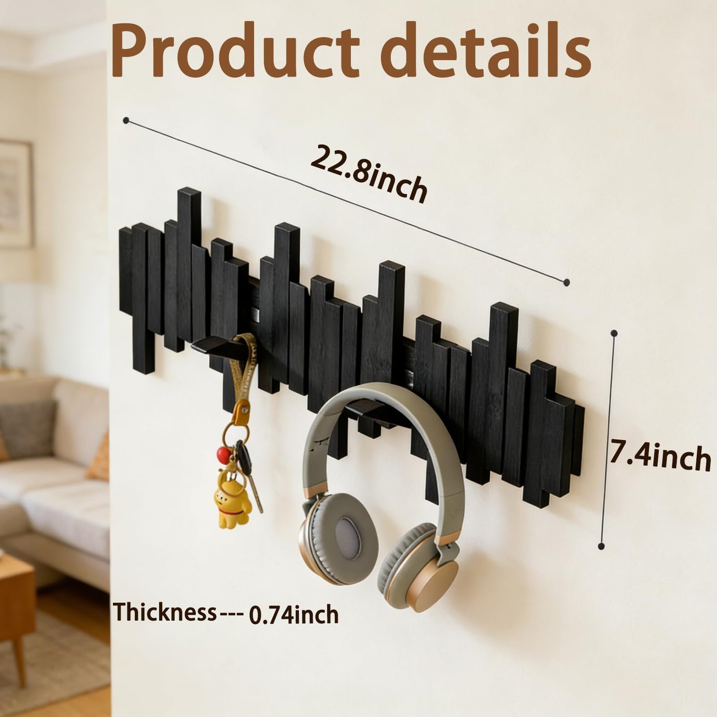GAOWFEH Key Holder Wall Mount, Modern Coat Rack Wall Mount Black with 8 Reversible Magnetic Hooks, Coat Racks for Wall,Towel Hooks for Bathrooms,Black Piano Key Coat Rack