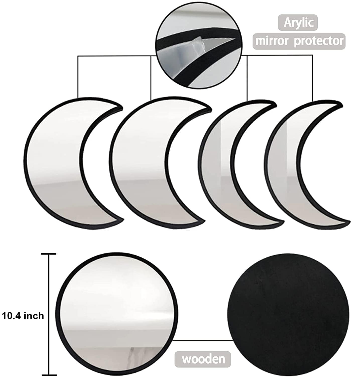 HMANGE 5-Piece Black Acrylic Moon Phase Wall Mirror Set - Shatterproof Safety Design, Easy Stick-On Installation, Boho Celestial Decor for Bedroom Living Room