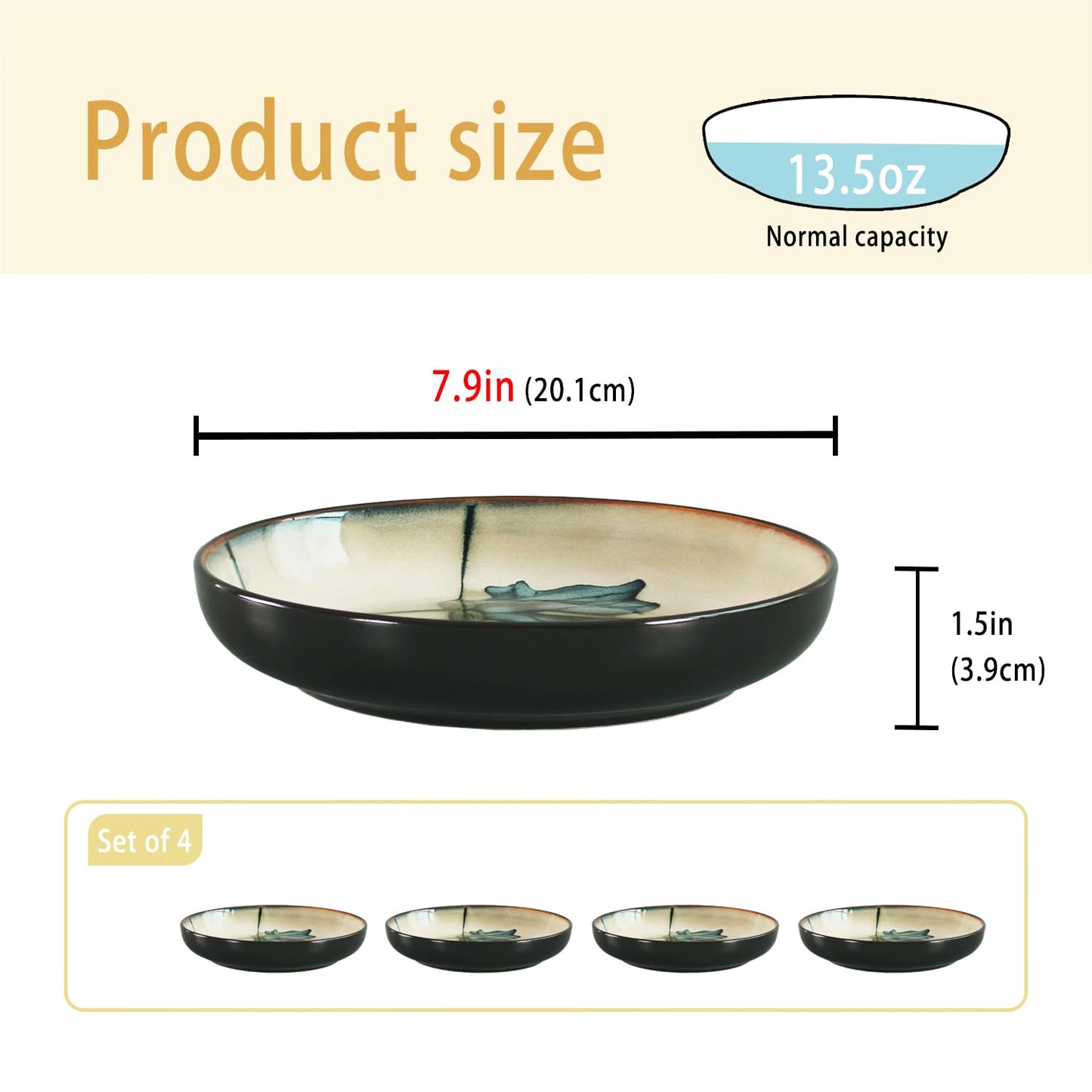 Jinsongdafa Ceramic Salad Plate Set, 7.9-inch Non-fading Hand-painted Plates, 4-piece Set, Suitable for Appetizers, Dinner, Desserts, Microwaveable and Dishwasher-safe Restaurant Kitchen Tableware Set