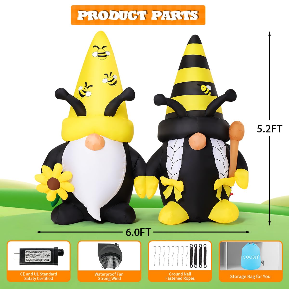 GOOSH 6 FT Long Spring Inflatables Gnomes Decorations Blow Up Yard with Bees and Sunflower Built-in LEDs for Garden Lawn Indoor Party Decor