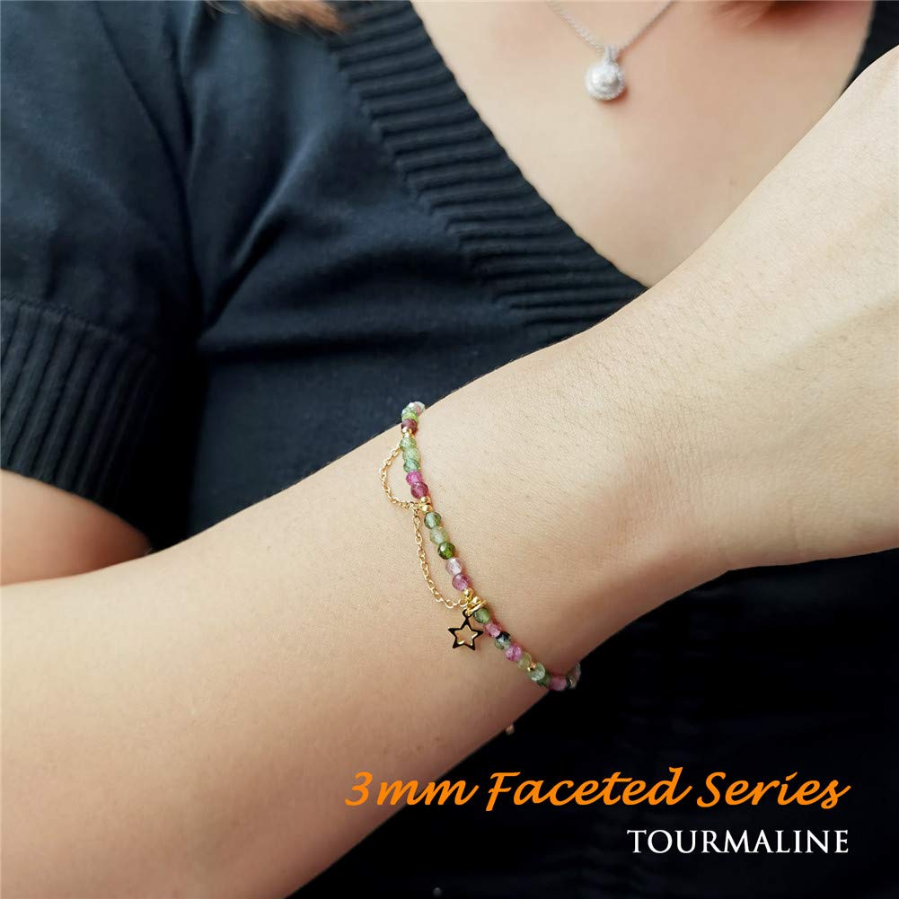 Morchic Colorful Tourmaline 3mm Faceted Natural Gemstone Beads Womens Strand Bracelet, Easy Adjustable Chain 7-9 Inch Birthday Gift