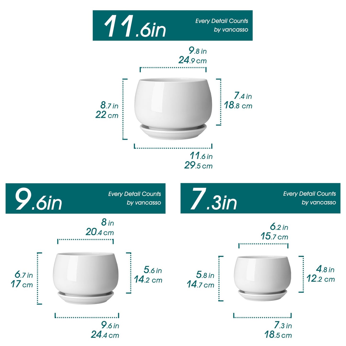 vancasso 3-Pack Ceramic Plant Pots, 7.3/9.6/11.6 Inch Indoor Planters with Saucers & Drainage Hole Planter pots for Indoor Plants and Flower, White
