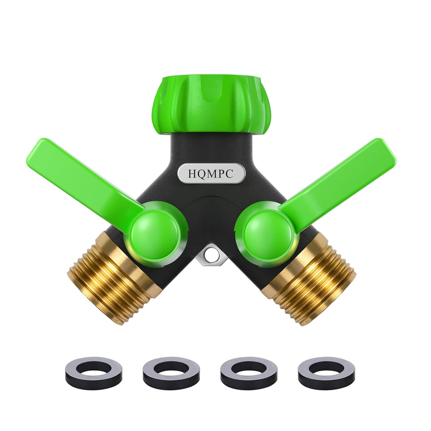 HQMPC Garden Hose Splitter, 2 Way Hose Bib Splitter, Brass y splitter 2 way Y valve Metal Body 2 Way Hose Shut Off Valve, 2.12" Extra Long Metal Handle, 3/4" GHT Thread (1, Green)