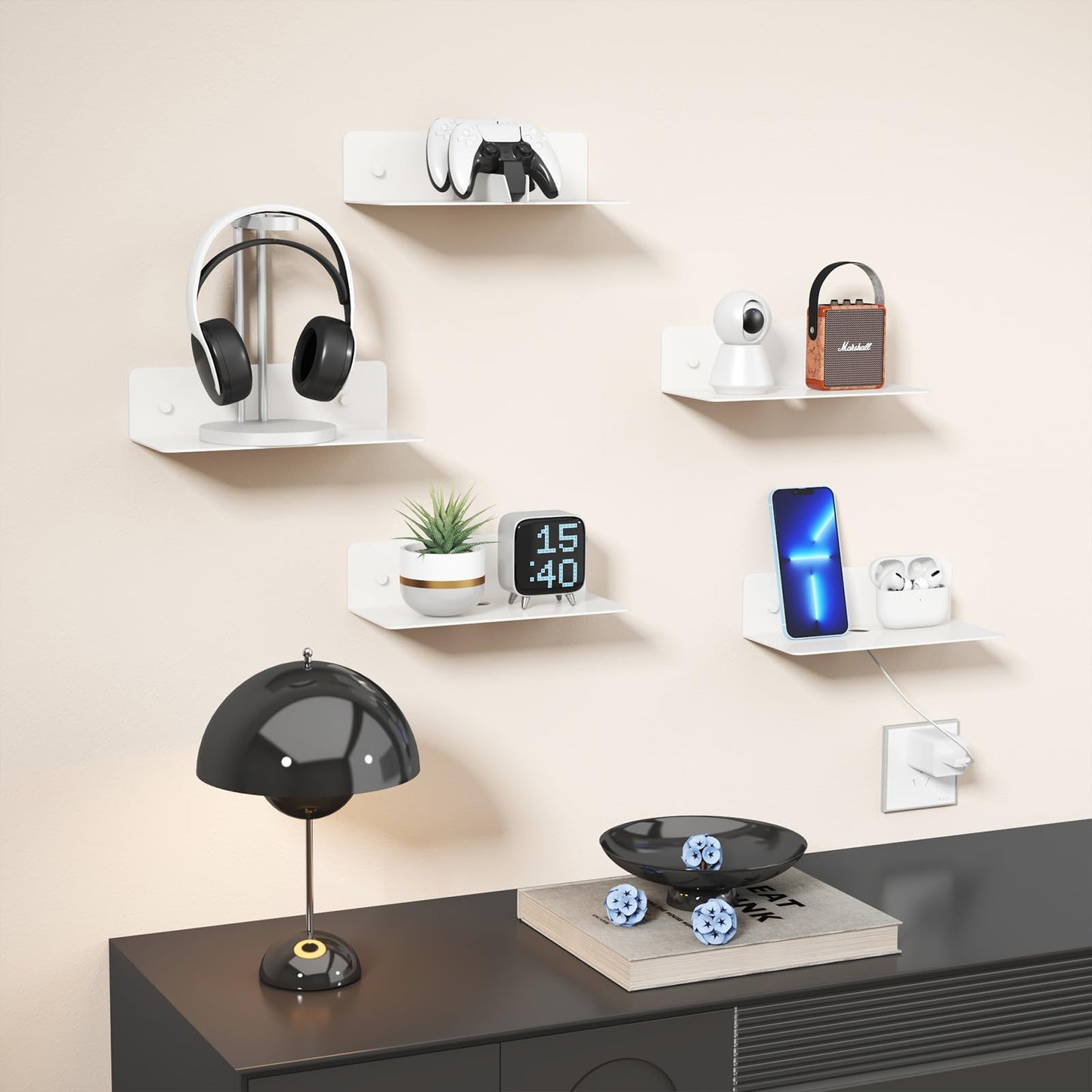 Dr.DJ Floating Shelf 9 Inch Metal Wall Mounted Set of 1 White - Easily Expand Wall Space - Aluminium Hanging Shelf Display Shelves for Bedroom, Gaming Room, Living Room, Bathroom, Office