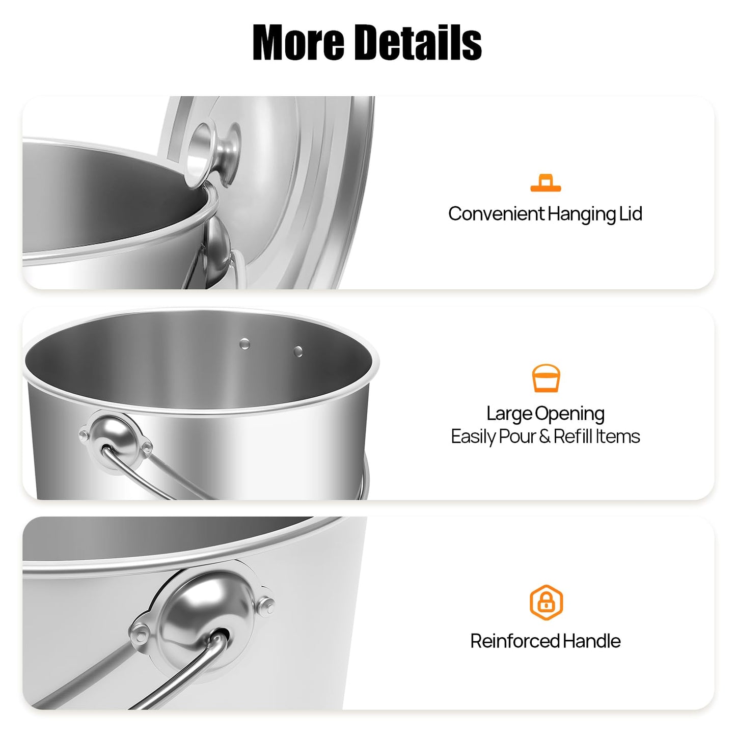 5 Gallon Stainless Steel Bucket with Hanging Lid, Food Grade 304 Metal Pail for Storage, Commercial Kitchen, Pet Food, Cleaning - 1.6mm Thick, Mirror Finish (5 Gal)
