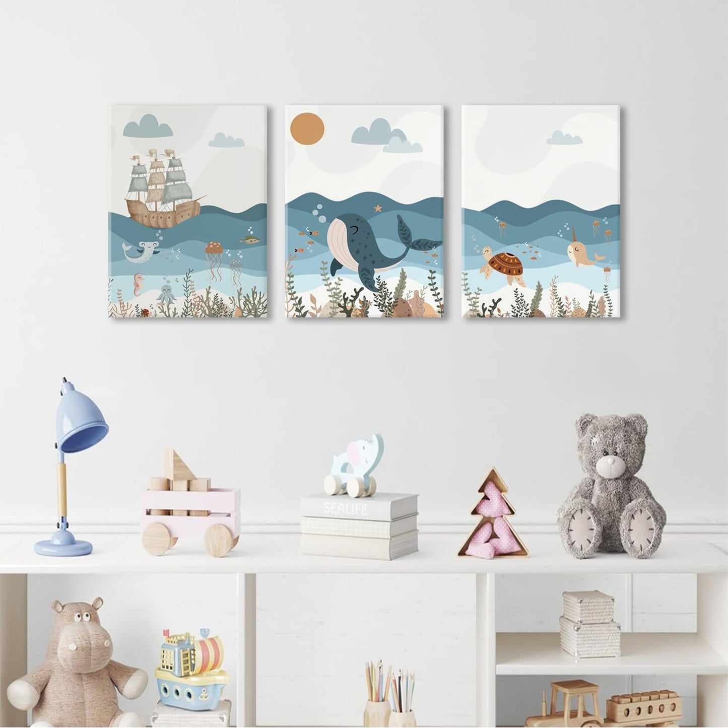 LYPHNX Framed Blue Ocean Nautical Nursery Canvas Wall Art Sea Turtle Whale Animal Painting Picture Set of 3 Kids Prints Poster Wall Decor for Baby Boys Girl Children's Room Bedroom Bathroom 12"x16"