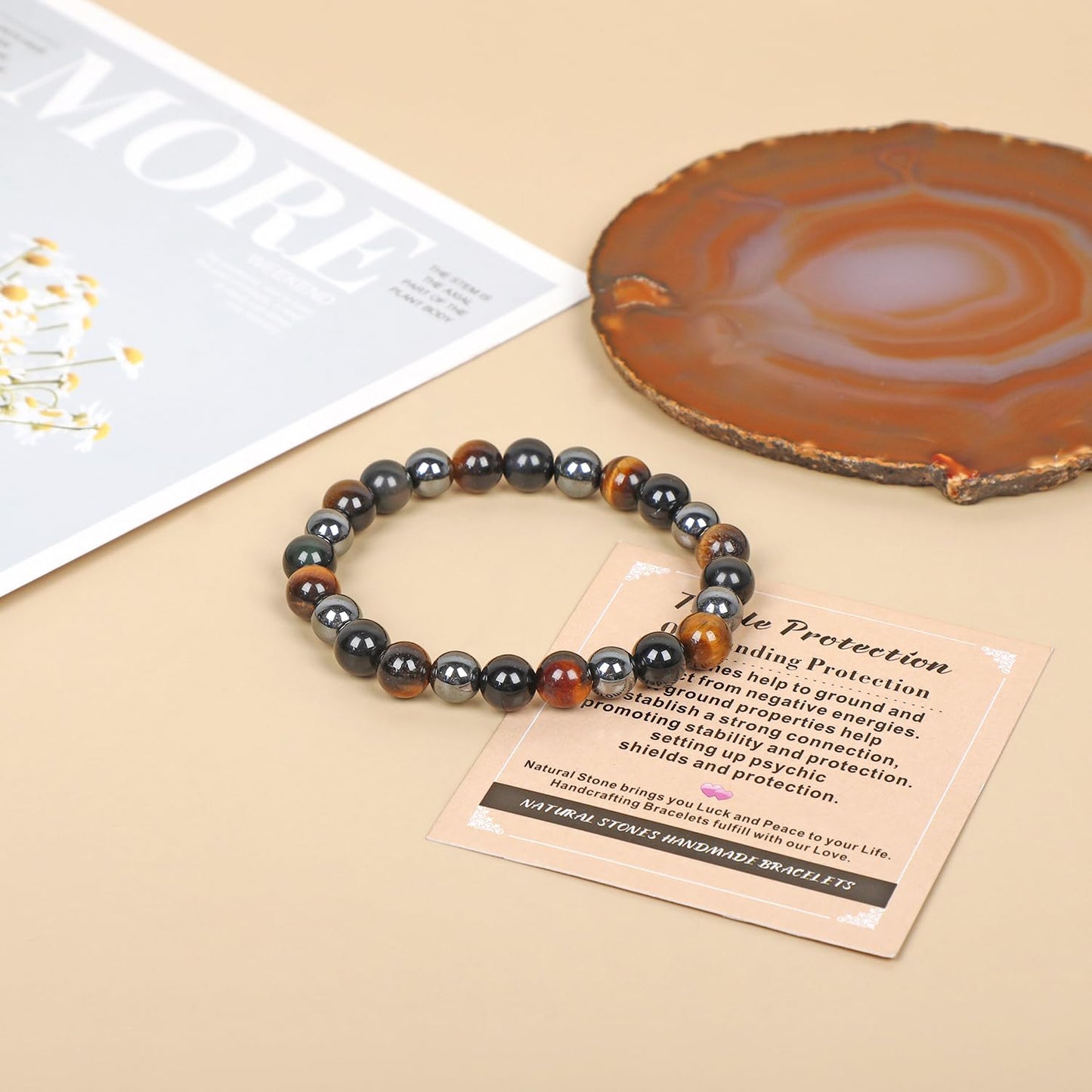 AD Beads Handmade Gemstone Stretch Elastic Bracelet Crystal Healing Reiki Nature's Beauty and Spiritual Essence Unisex (8mm, Triple Protection (Strong Protect))