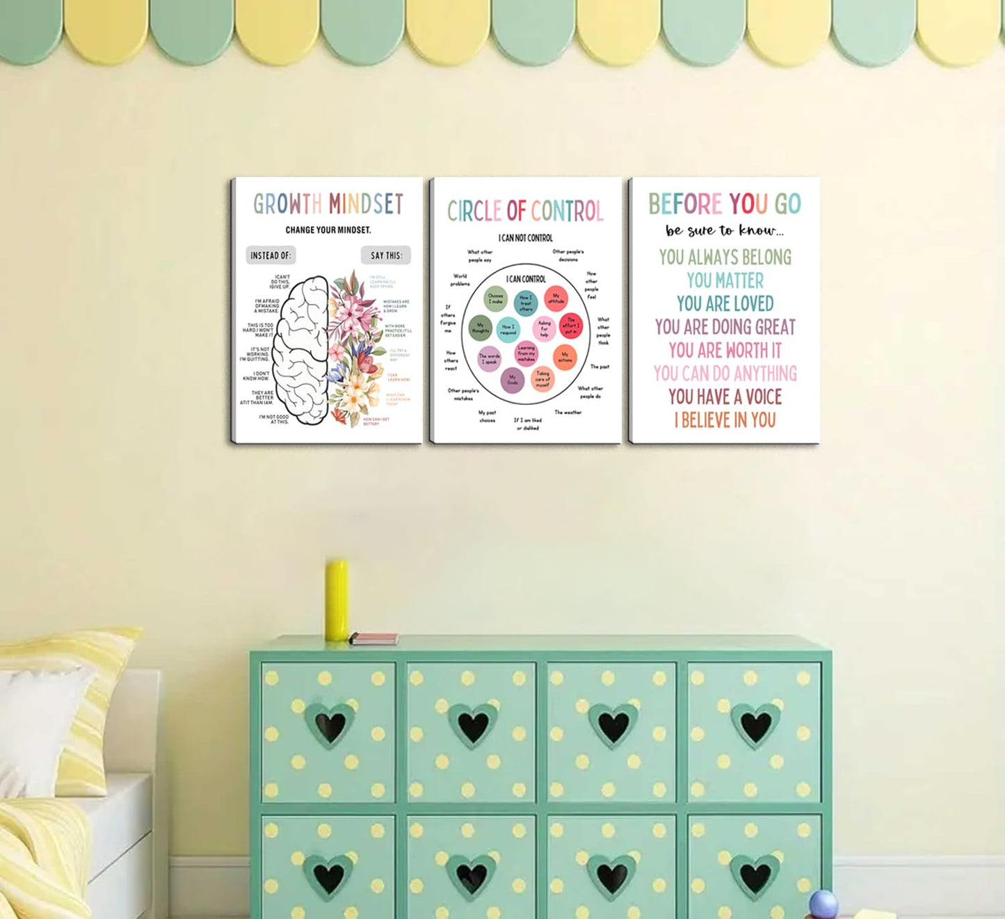 3Pcs Mental Health Wall Art Motivational Wall Decor For Therapy Office,Change Your Mindset Change Your Life Canvas Print Painting Picture for Classroom,Home,Growth Mindset Gift 12x16in Framed