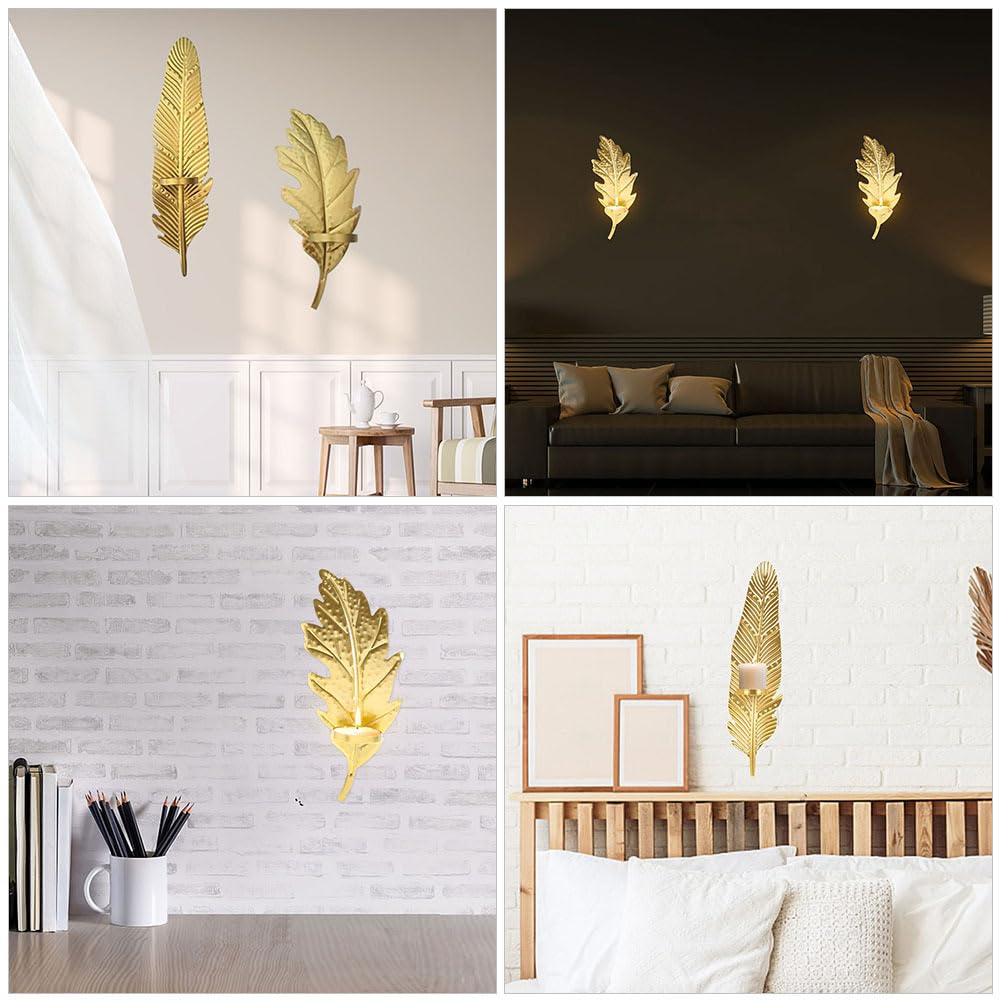 PRETYZOOM Metal Leaf Candle Holder Set of 2 Wall-Mounted Decorative Candlesticks for Home Bedroom Living Room Office Party D Cor 13.93X3.38X1.96In