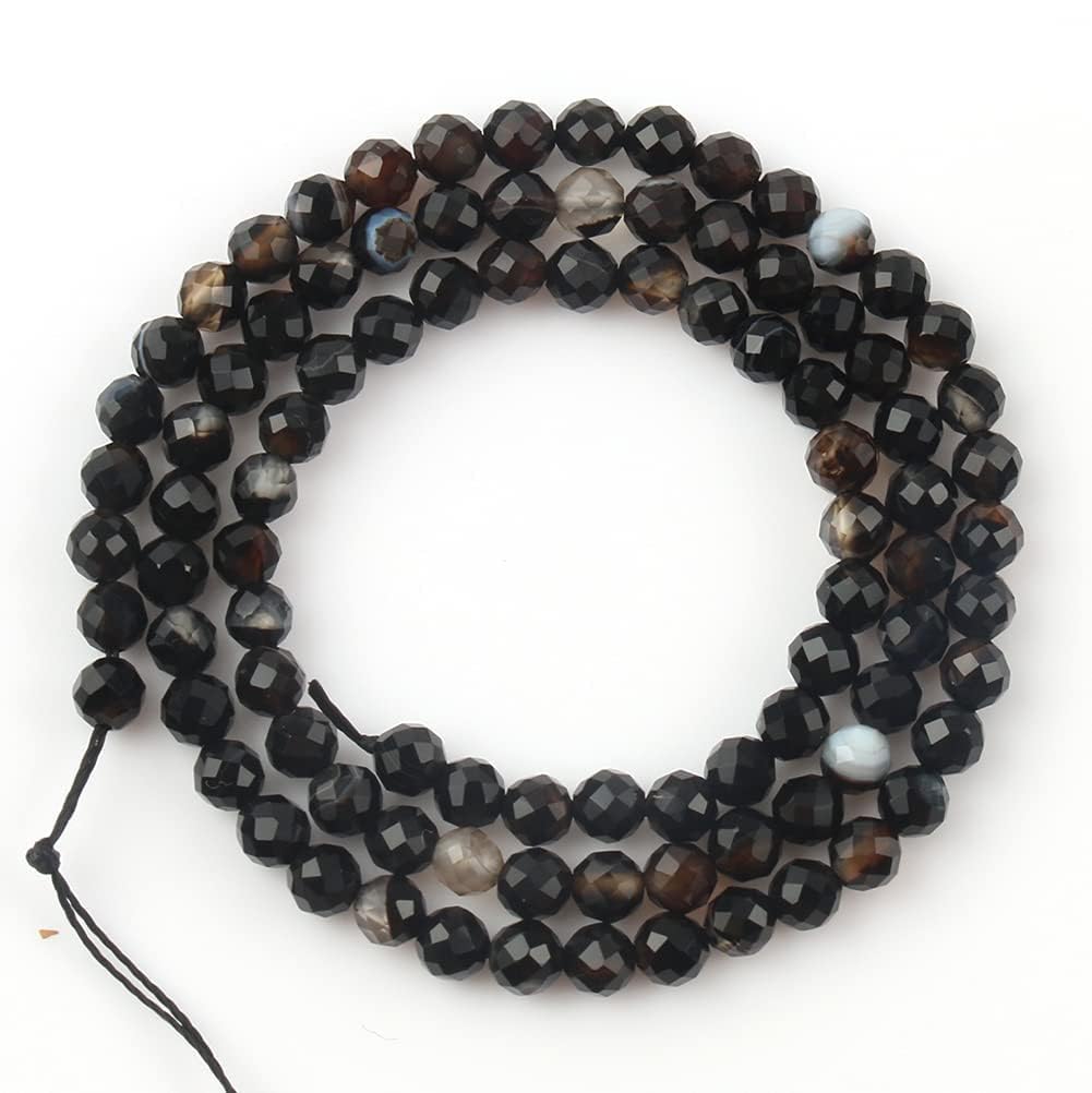 Song Xi 120pcs 3mm Natural Black Striped Agate Gemstone Beads Faceted Round Loose Stone Beads for Jewelry Making (1 Strand)