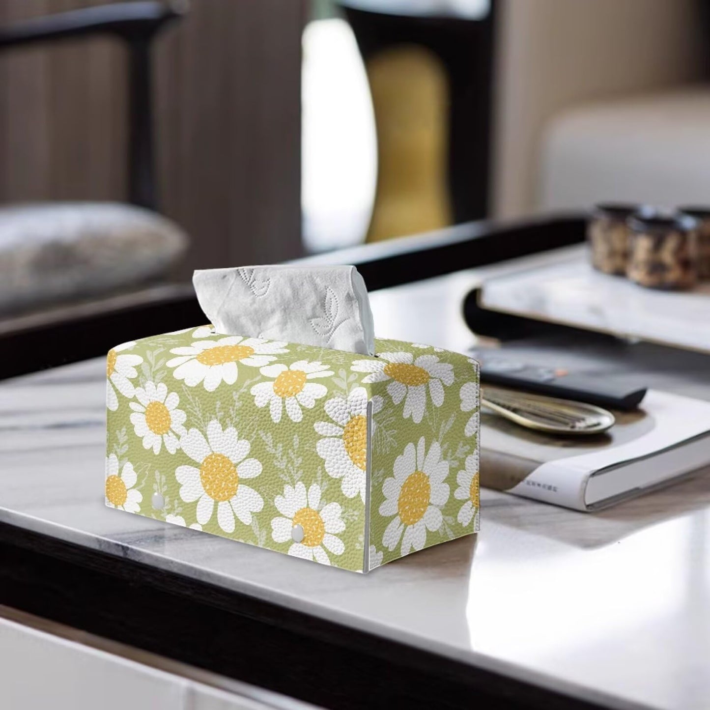 PJHEQOXE Flowers Pattern Tissue Box Cover Custom Tissue Box Cover Magic Sticker Pu Tissue Box Cover Rectangular for Home Coffee Table Decor Room Office Decor 9.7 x 5.2 X 5.12 Inch （Green）