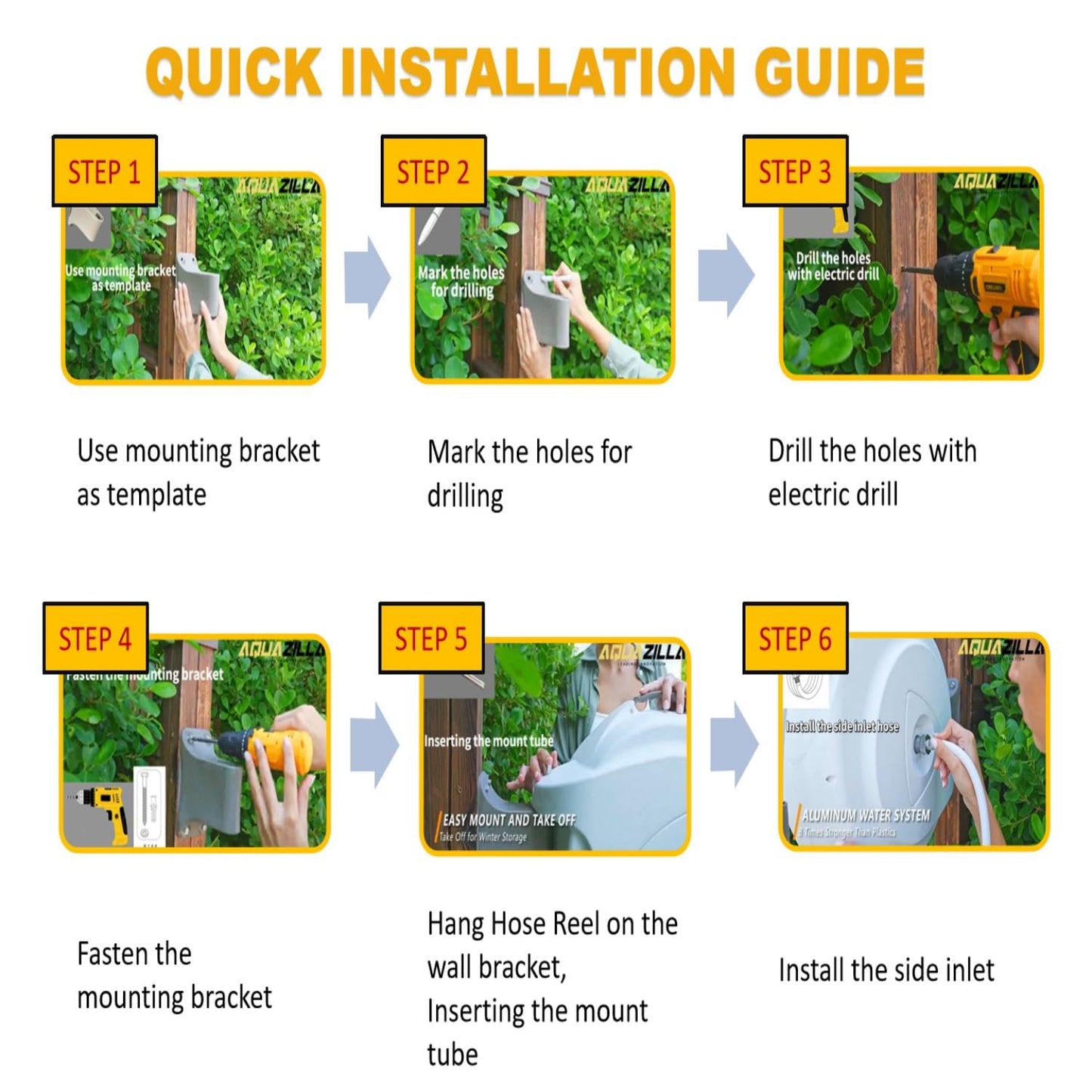 Retractable Garden Hose Reel, 5/8 in 100+6 ft, Heavy Duty Wall Mounted Water Hose Reel, Spring Power Automatic Rewind, Any Length Lock, 180° Swivel Bracket, 10 Pattern Spray Nozzle
