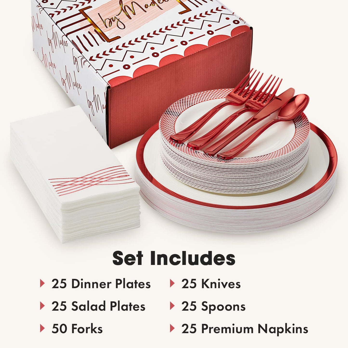 By Madee HEAVYWEIGHT 175 Pc White and Red Disposable Dinnerware Set – Fancy Plastic Plates for Party, Wedding & Bridal Shower (Serves 25)