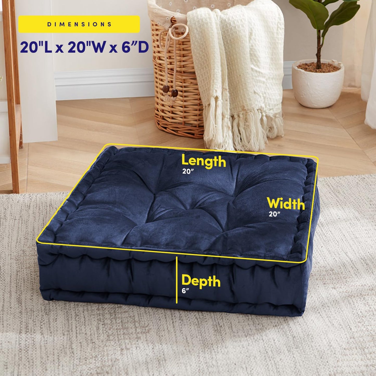 Floor Pillow Large Square Tufted Decorative Cushion 20" x 20" Faux Velvet Fabric Ultra Thick Fill for Kids and Adults, 1 Pack, Navy