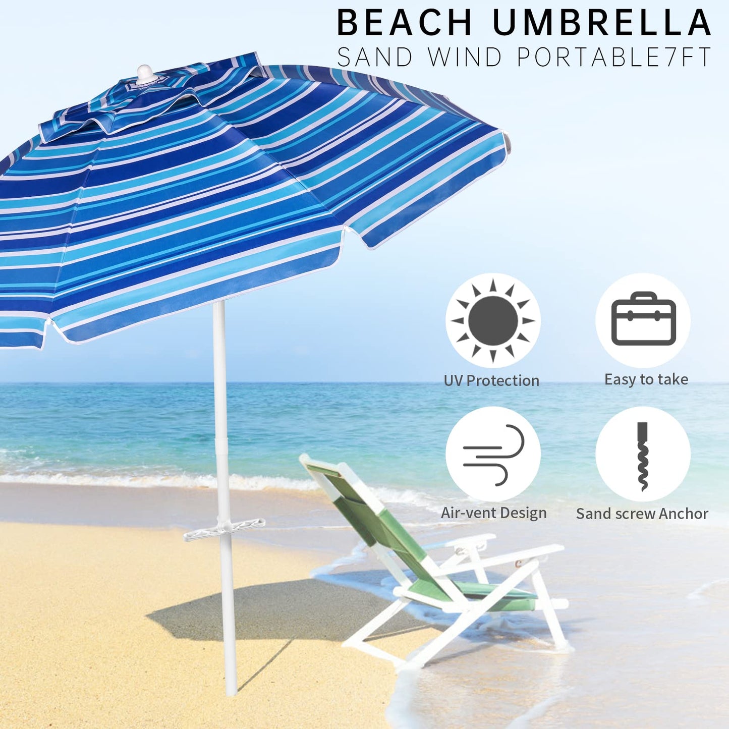 Aoxun 6.5ft Beach Umbrella with Tilt Pole, Portable Sand Anchor and Carry Bag, UPF 50+ Sun Shelter Air Vents Design for Outdoor Activities (Navy Blue & White)