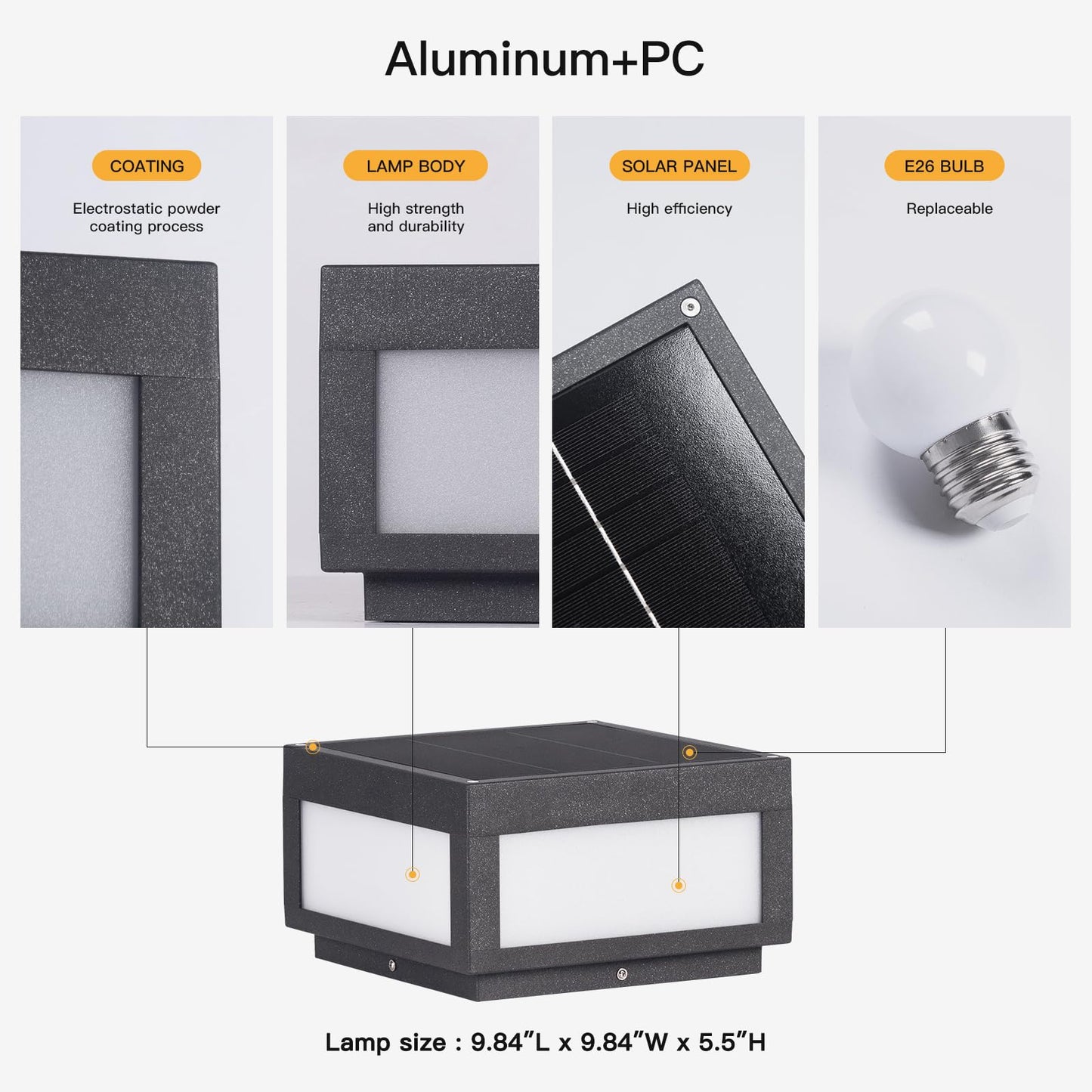 MVBT Solar Post Lights Waterproof, 10×10 Solar Pillar Lights Outdoor, 9.8" Outdoor Column Lights Dusk to Dawn, Modern Lamp Post Light Square, 3000K Solar Power Post Lantern for Fence Deck Gate Posts