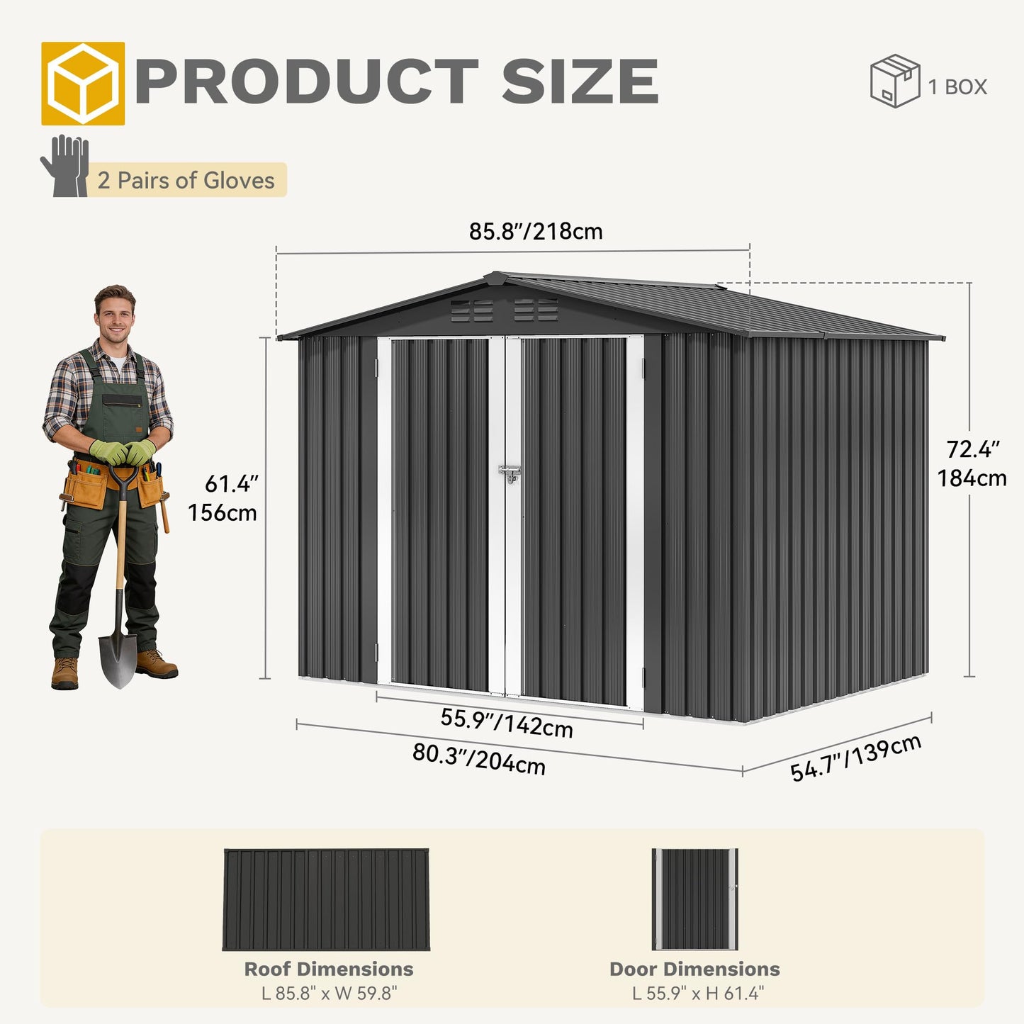 DWVO 7x5FT Outdoor Storage Shed, Roomy Steel Tool Shed with Secure Entrances & Air Circulation for Patio, Lawn, and Backyard, Ideal for Storing Garden Gear, Lawn Tools, and Bikes, Dark Gray