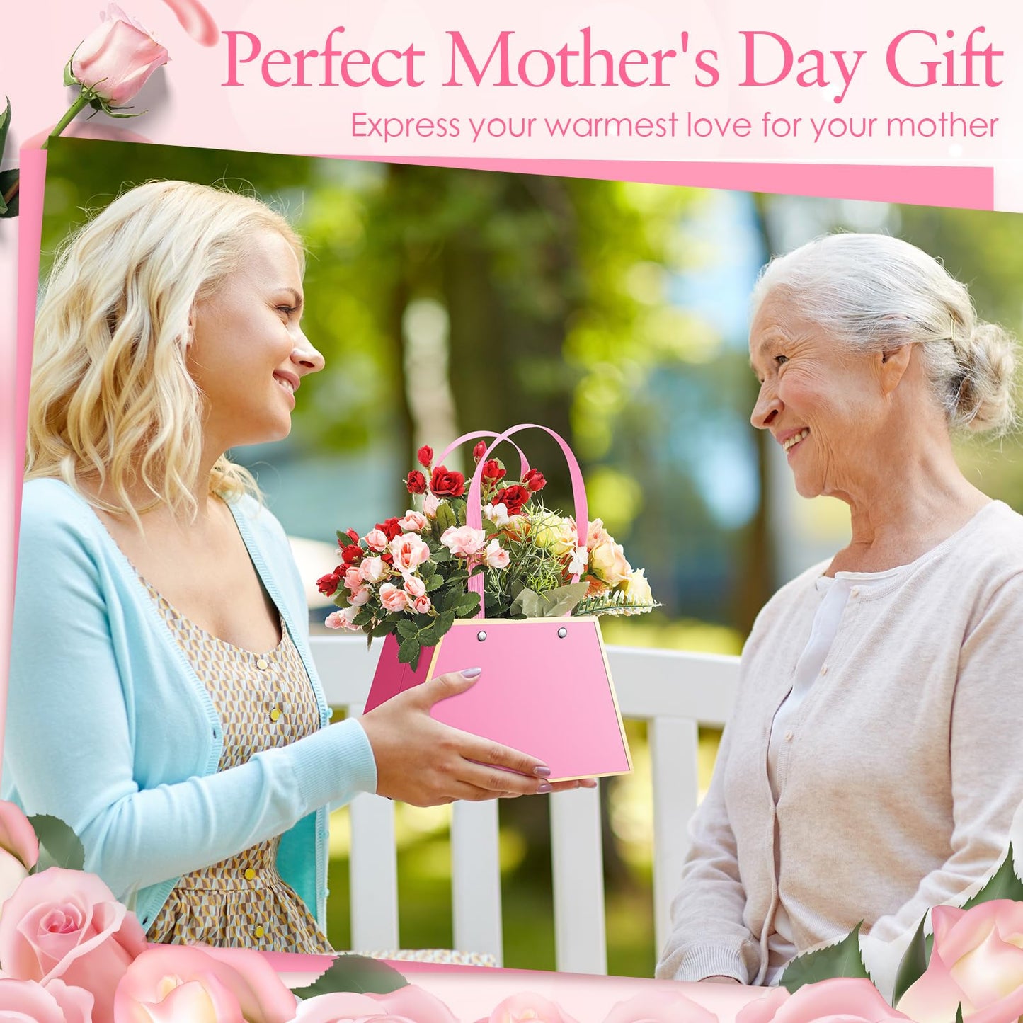 Noveread 24 Pcs Mother's Day Floral Gift Bags Bulk Portable Flower Bouquet Wrapping Paper Bag with Handle Waterproof Florist Wrap Centerpiece Box for Women Anniversary Wedding Birthday(Hot Pink)