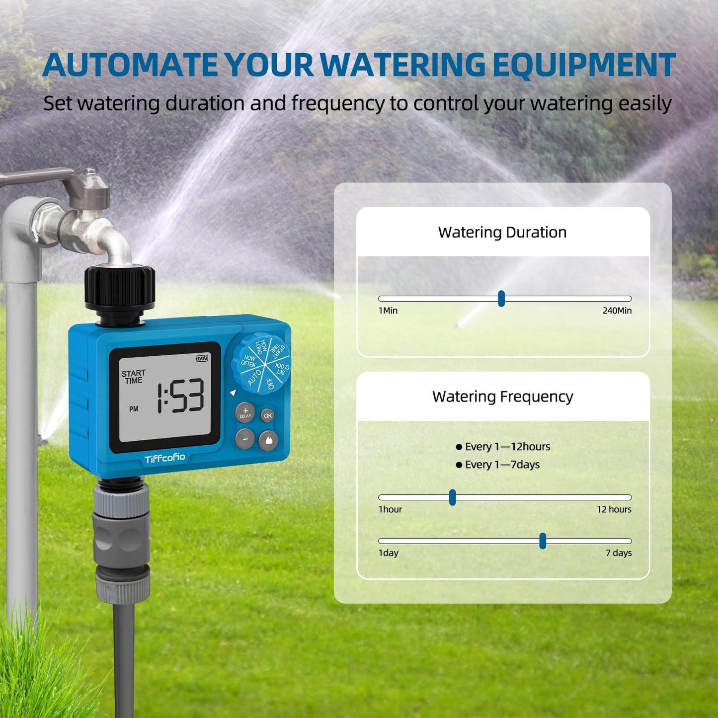 TiFFCOFiO Sprinkler Timer Outdoor, Digital Programmable for Garden Hose, Irrigrtion Timer with Rain Delay and Manual Mode (1 Pack)