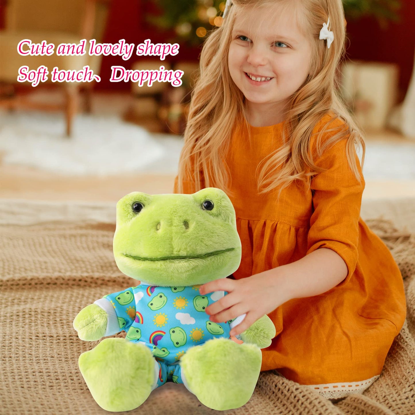Furvana 9Inch Green Frog Plush, Soft Frog Stuffed Animal Plush Toy, Kawaii Plush Doll, Cute Plushie with Cloths Toy Gift for Kids Children Birthday