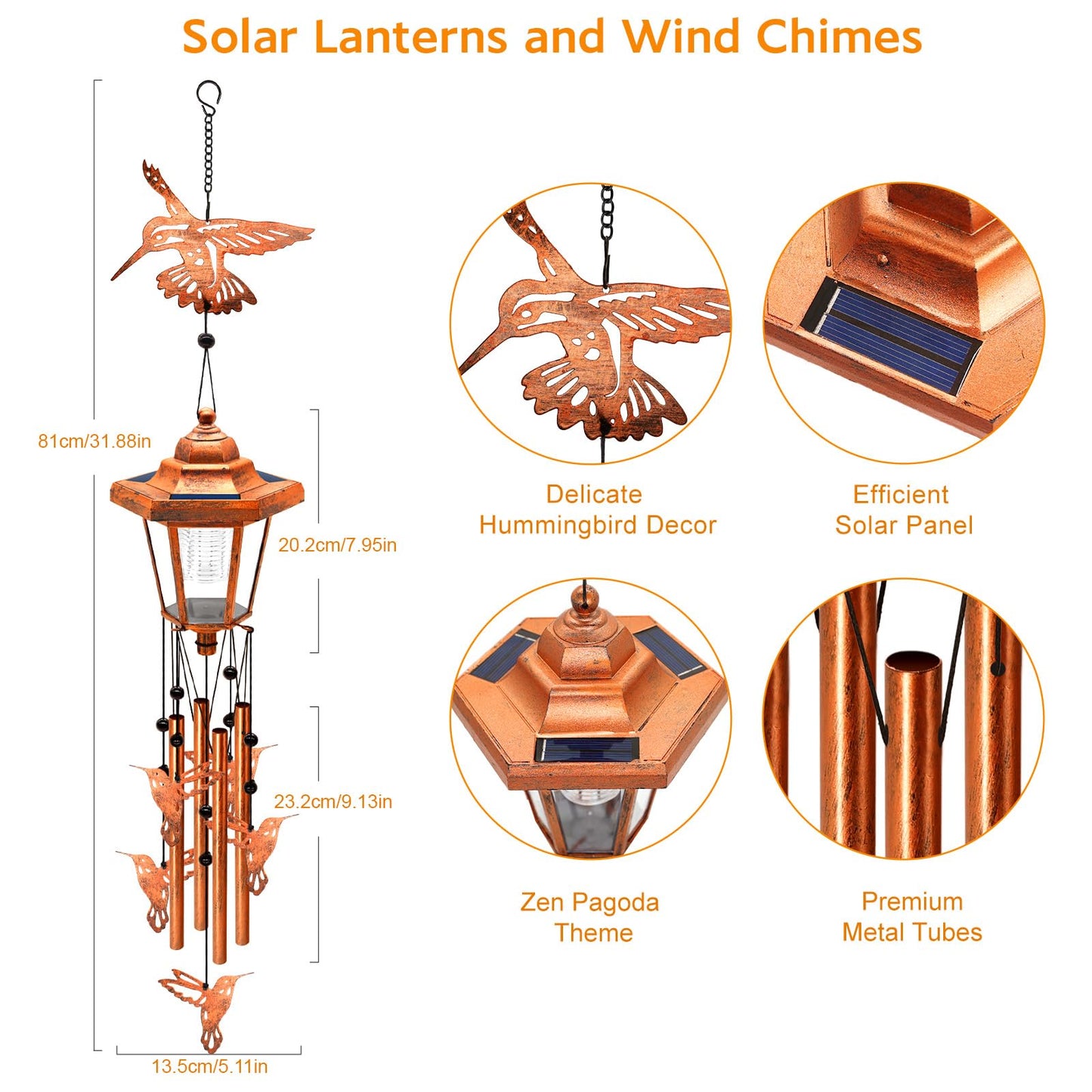 Hummingbird Solar Wind Chimes for Outside, Birthday Gifts for Mom Women Grandma Mother's Day Memorial, 34-Inch Windchimes with Wind Spinner, Outdoor Hanging Solar Lights Waterproof Yard Garden Decor