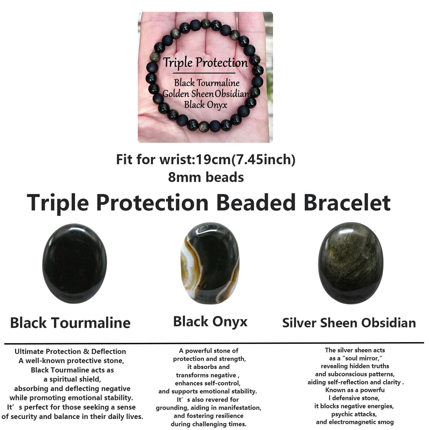 Crgwxzl Natural Stone Triple Protection Beaded Bracelet for Men Women Adjustable Black Tourmaline, Black Onyx and Hematite Handmade Lucky Bracelet Feng Shui Jewelry Gift
