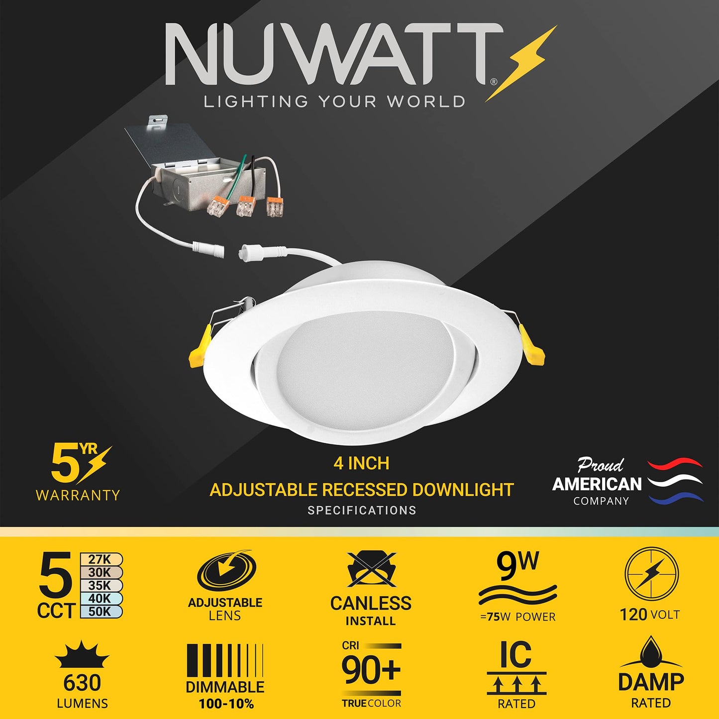 NuWatt 12 Pack, 4 Inch Canless Gimbal LED Recessed Lighting, 5CCT 2700K/3000K/3500K/4000K/5000K Selectable, 630 Lumen, Dimmable, Adjustable Eyeball Wafer Lights for Sloped Ceilings, Metal Junction Box