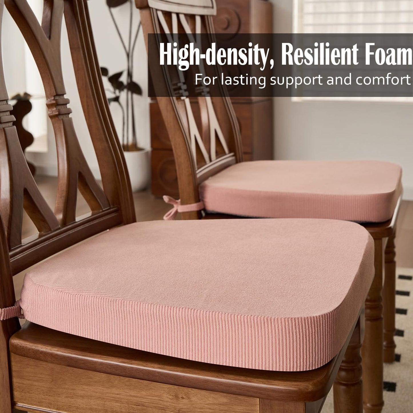 Nobildonna 2'' Thick High-Density Foam Indoor Chair Cushions | Dining Chair Pads with Ties, Removable Washable Cover, Kitchen Chair Cushions 17"x16", Pink 4 Pack