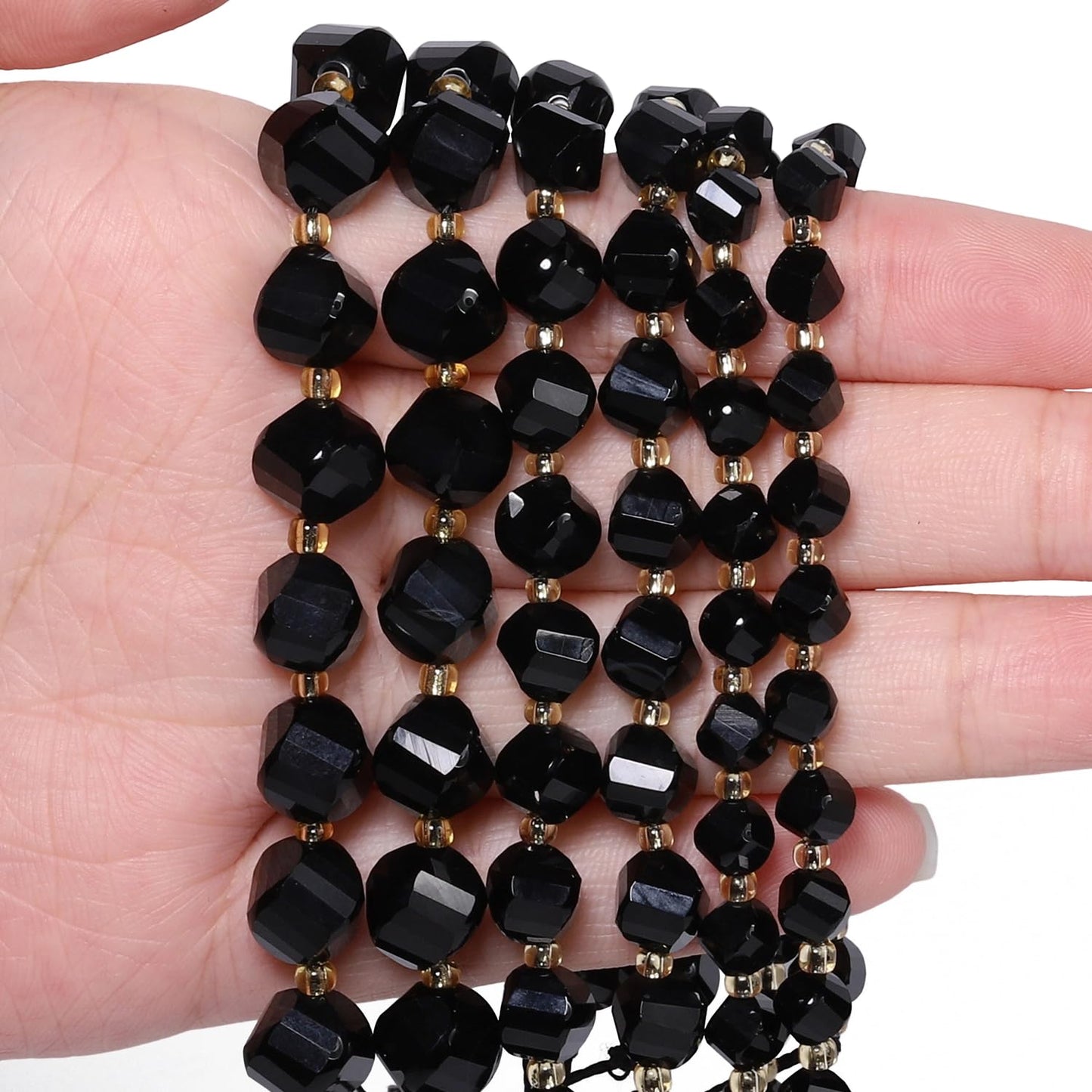Yochus 42pcs Natural Black Tourmaline Stone Beads for Bracelet，2strands 6mm Facted Twist Loose Gemstone Beads for Jewelry Making DIY Craft Necklace Earring