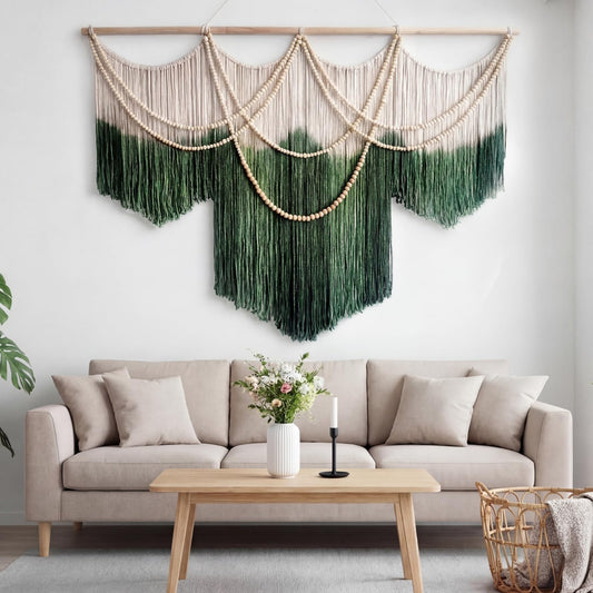 CrystalSylara Large Macrame Wall Hanging Boho Wall Decoration Art, 57" W x 43" L Green & Cream Fiber Dip-dyed Tapestry Handwoven Fiber and Wood Beads Decor for Bedroom Living Room Home Decor