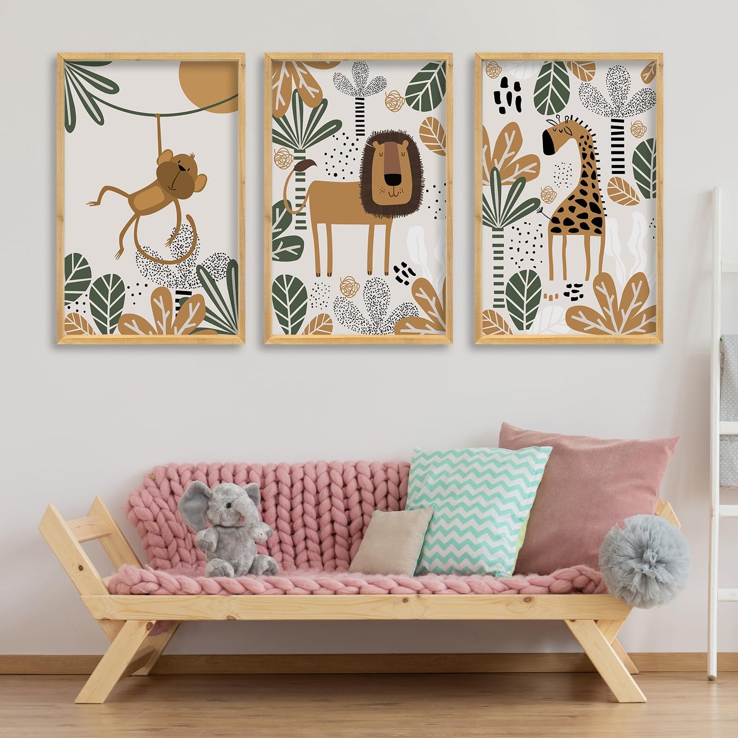 comurdyo Kids Cute Animal Wall Art Set of 3 Framed Safari Prints Cartoon Lion Monkey Giraffe Sign 16×11 Inch for Baby Room Toddler Nursery Children's Room Boho Rustic Wood Framed Hanging Decor (Wood)