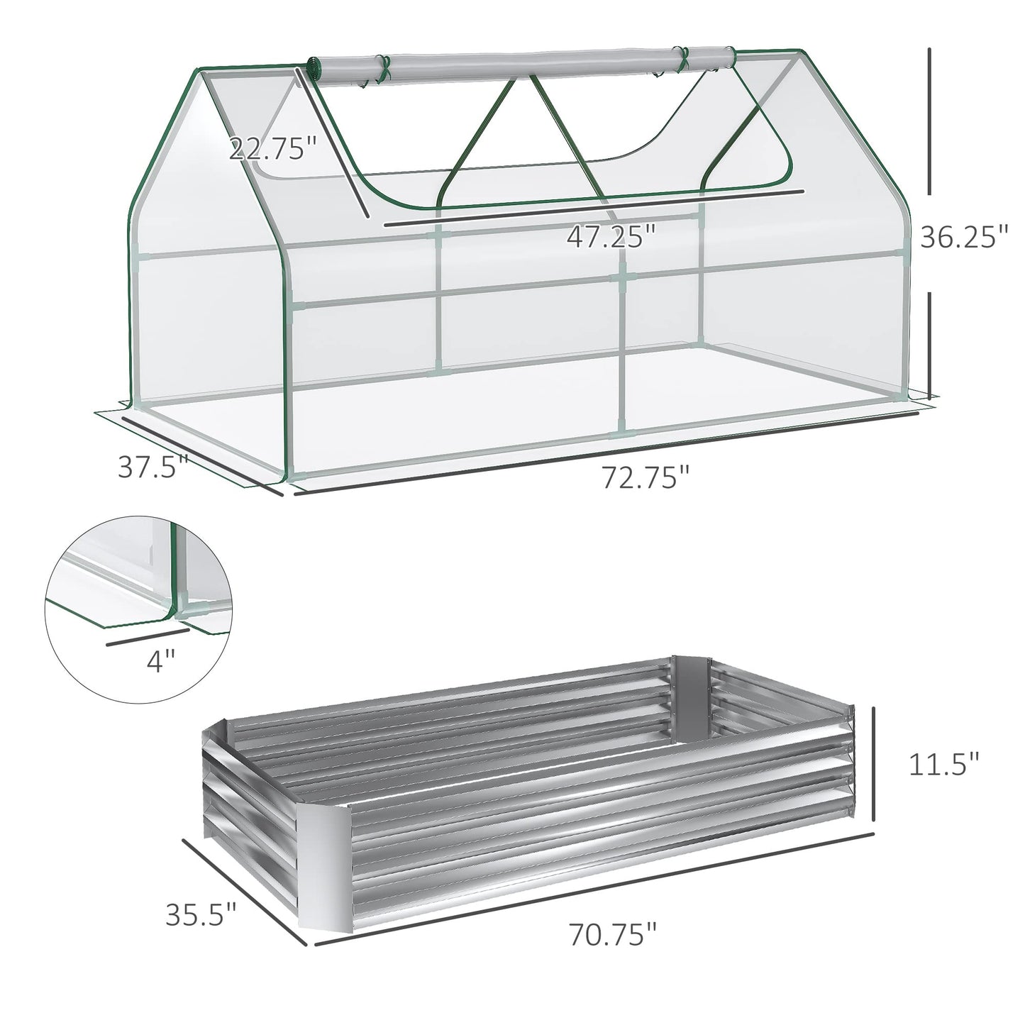 Outsunny 6 x 3 x 1ft Metal Planter Box with Mini Greenhouse, Galvanized Raised Garden Bed with Cover for Herbs and Vegetables, Small Greenhouse for Patio Garden Balcony, Clear and Silver