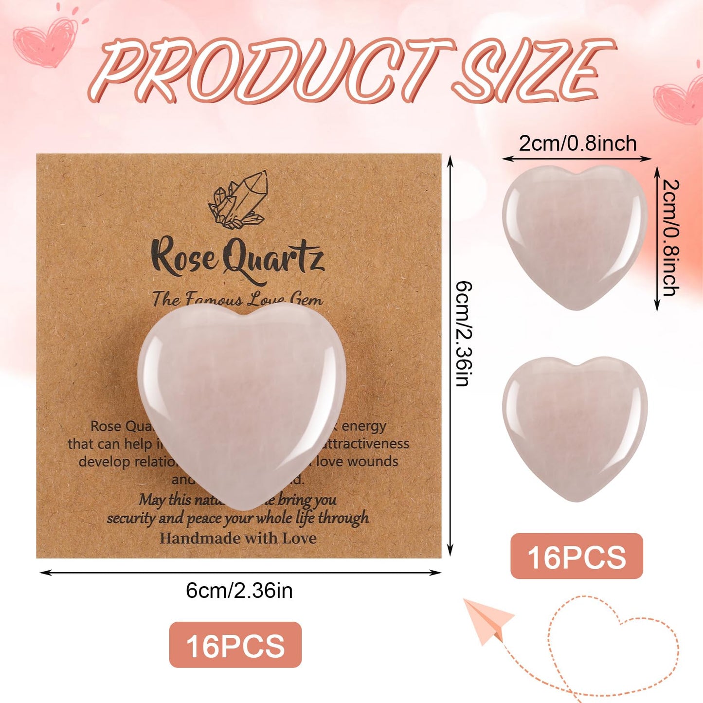 YooNotee 32 Pack 1.2 Inch Rose Quartz Heart Crystal Pink Heart Shaped Stones Gift Set Bulk 16 Pcs Crystal Gemstone Crystals Rock with 16 Pcs Cards for Men Women
