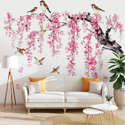 Mirabuy Pink Cherry Blossom Brids Wall Decals, Watercolor Floral Branch Wall Stickers Peel and Stick Wall Decals for Living Room Bedroom Tv Background Wall Decor