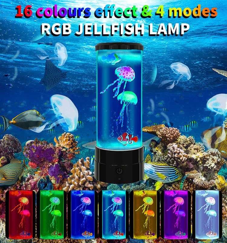 FineLiMoLa Jellyfish Lamp 12"-Black Minimalist Cylinder Table Lamp with 2 Large Jellyfish & 2 Fish,16 Color Changing LED,USB Powered,Remote Control,Jellyfish Light Lamp for Kids Christmas Gift