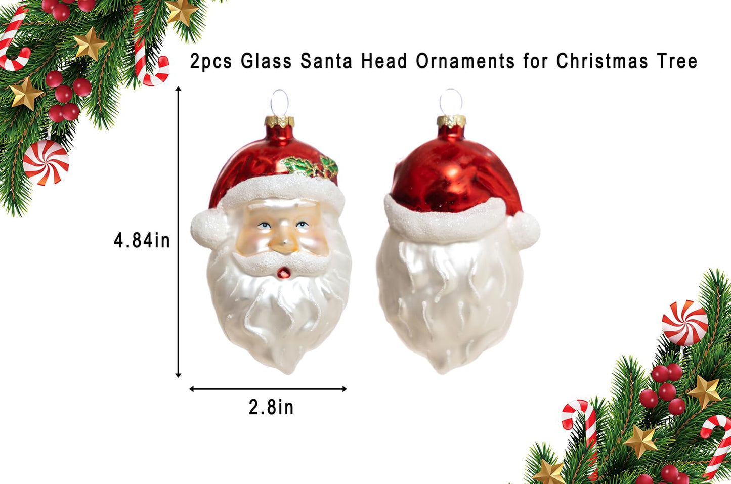 2 Count Glass Santa Head Christmas Ornament, Glass Santa Head Ornaments for Christmas Tree